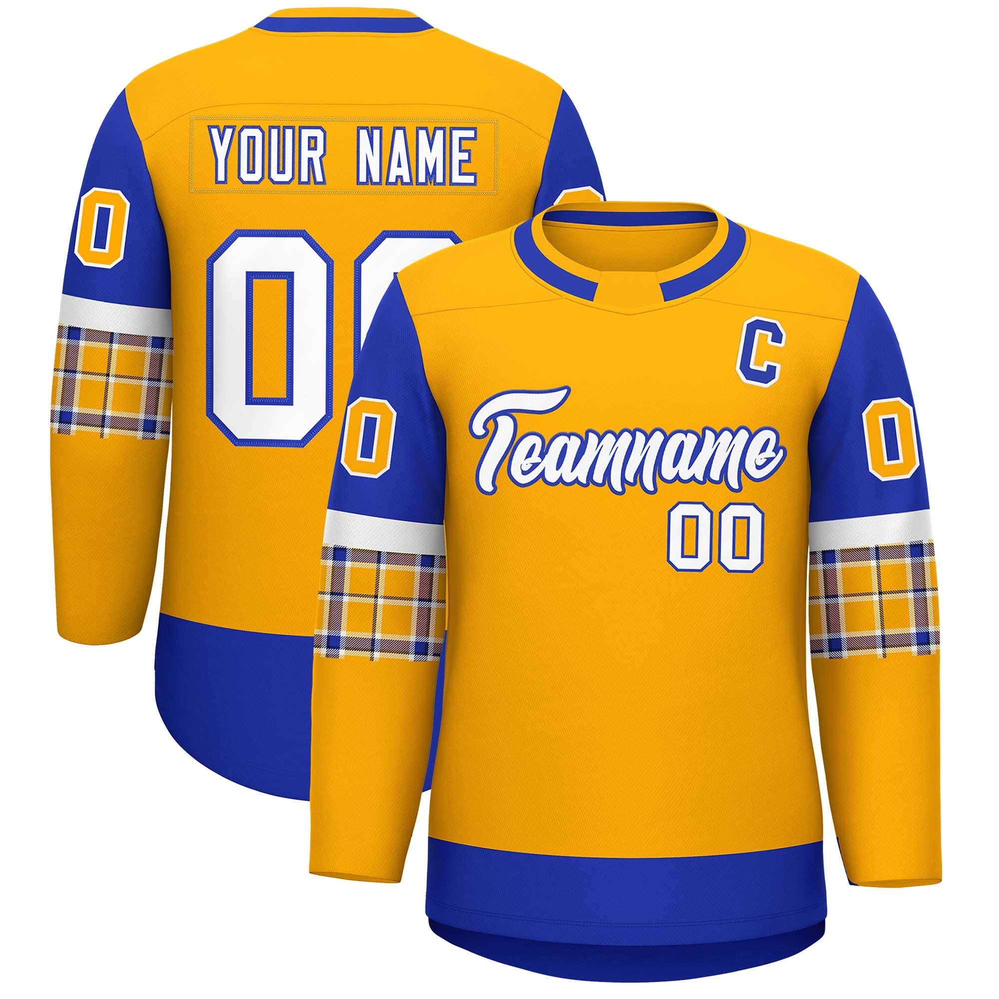 Custom Yellow Royal Personalized Raglan Sleeves Round-Neck Hockey Jersey | KXKSHOP