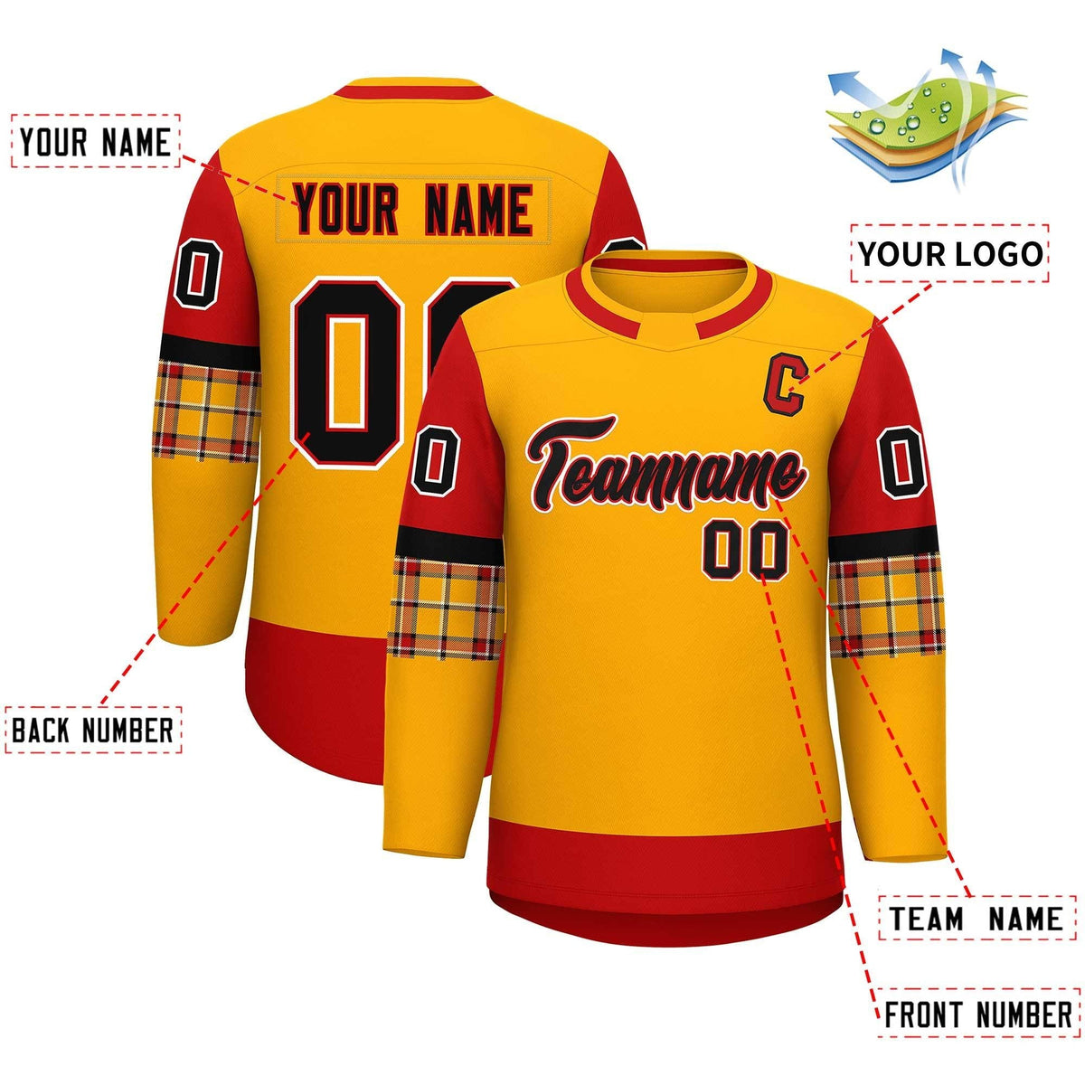 Custom Yellow Red Personalized Raglan Sleeves Round-Neck Hockey Jersey | KXKSHOP