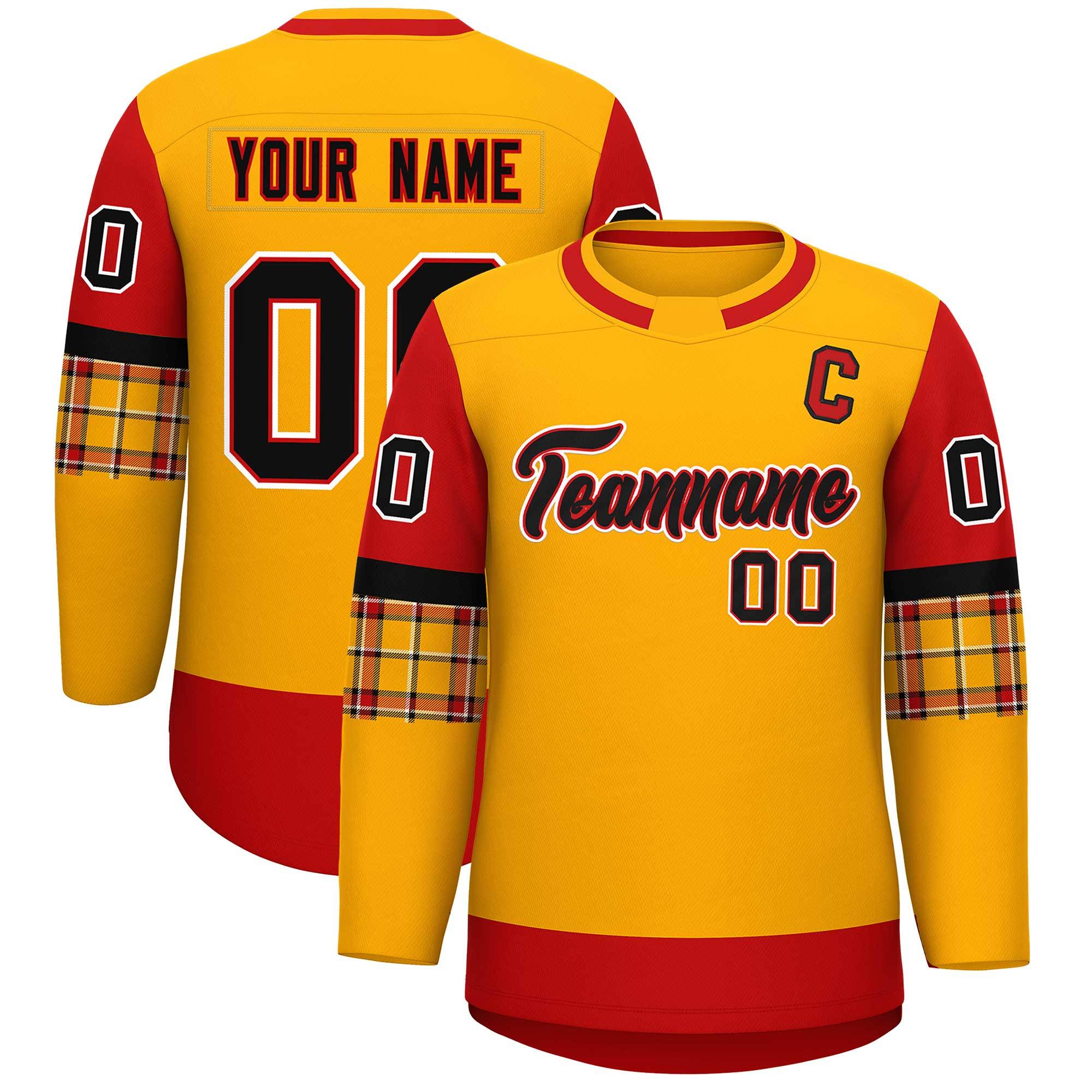 Custom Yellow Red Personalized Raglan Sleeves Round-Neck Hockey Jersey | KXKSHOP