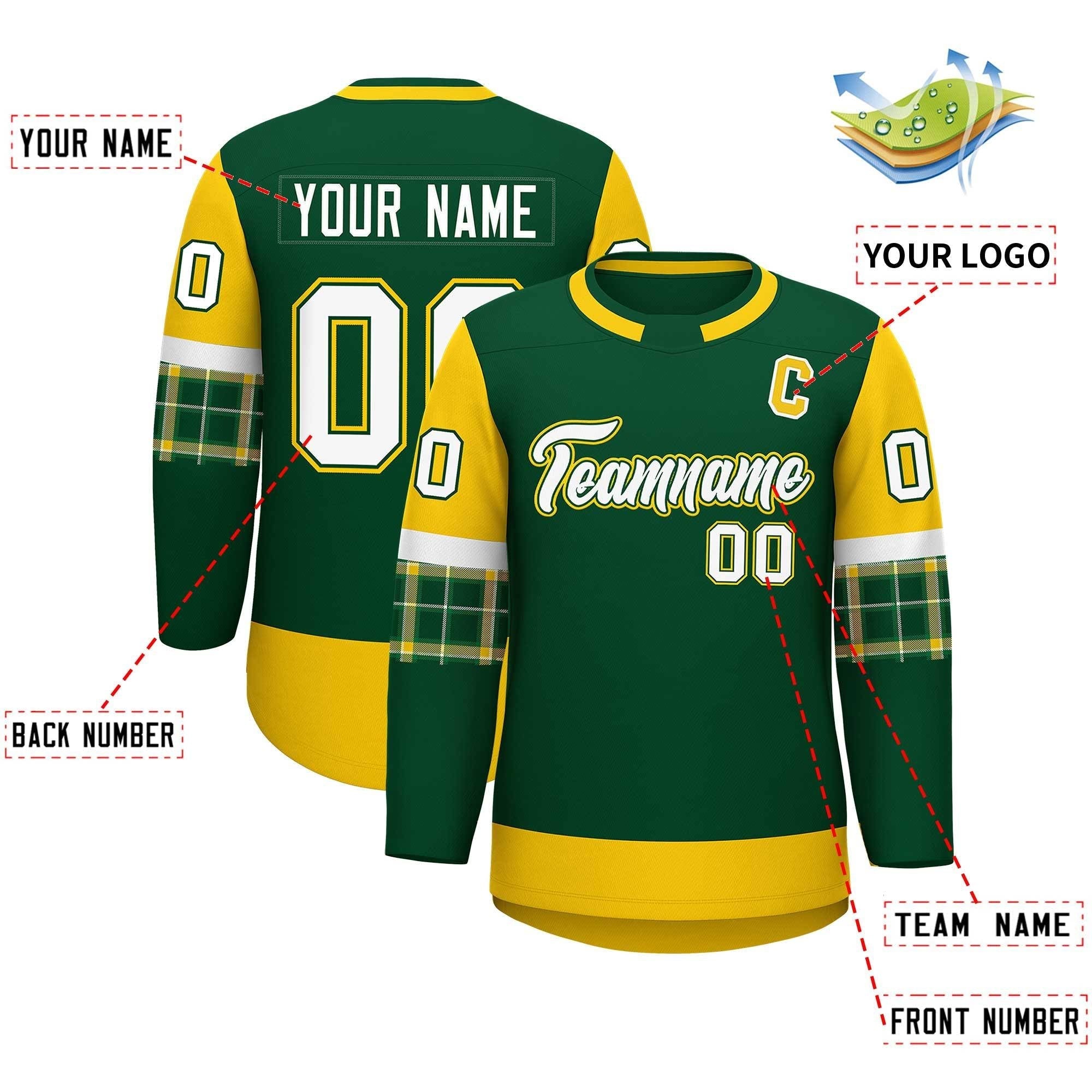 Custom Green Gold Personalized Raglan Sleeves Round-Neck Hockey Jersey | KXKSHOP