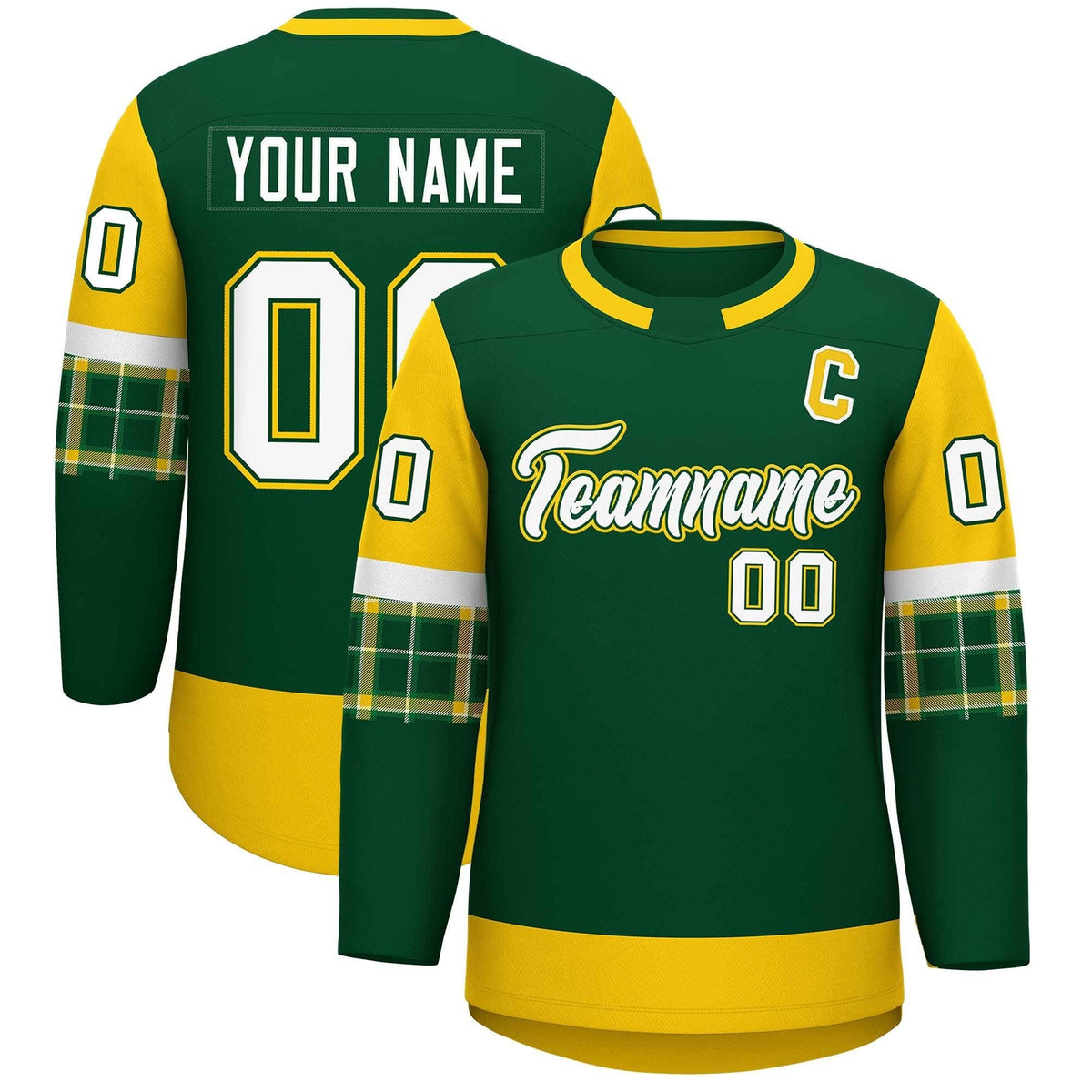 Custom Green Gold Personalized Raglan Sleeves Round-Neck Hockey Jersey | KXKSHOP