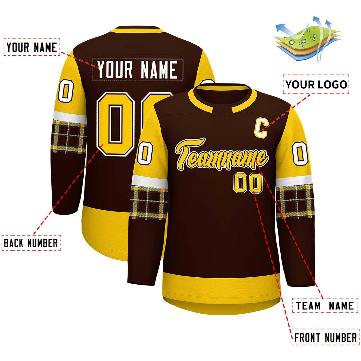 Custom Brown Gold Personalized Raglan Sleeves Round-Neck Hockey Jersey | KXKSHOP