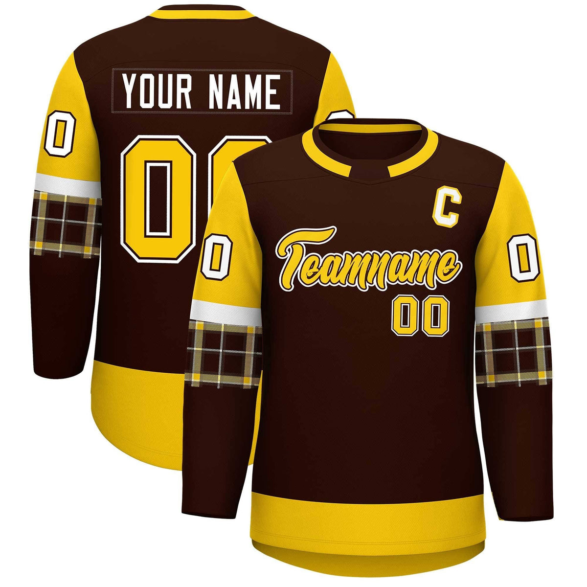 Custom Brown Gold Personalized Raglan Sleeves Round-Neck Hockey Jersey | KXKSHOP