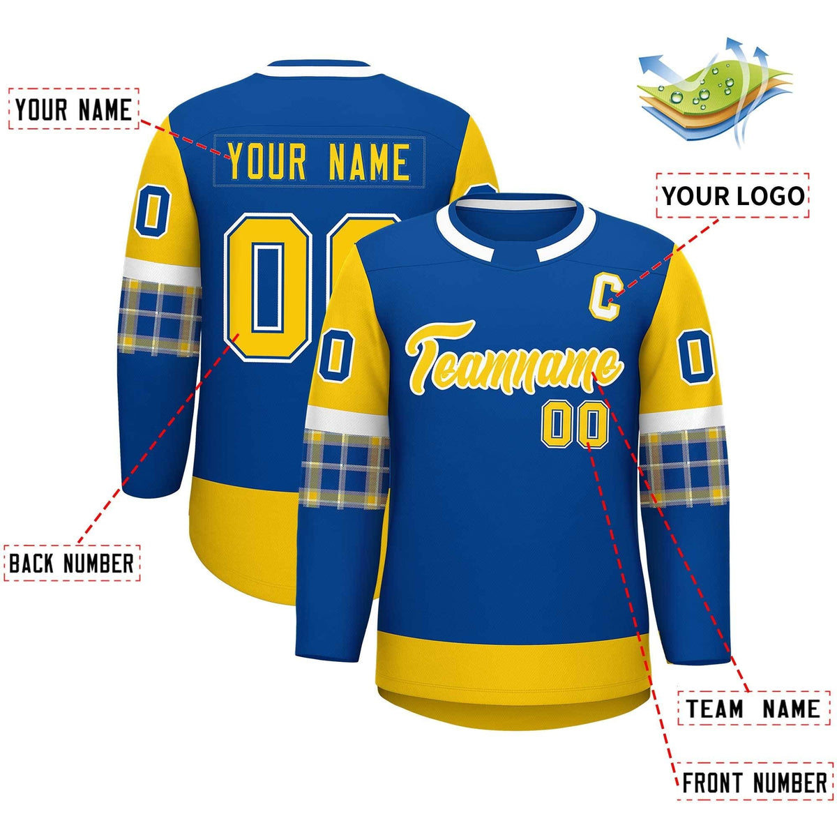 Custom Royal Gold Personalized Raglan Sleeves Round-Neck Hockey Jersey | KXKSHOP