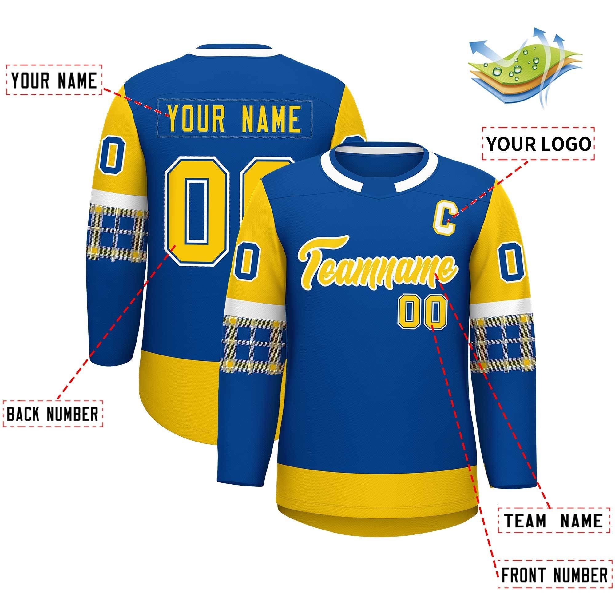 Custom Royal Gold Personalized Raglan Sleeves Round-Neck Hockey Jersey | KXKSHOP