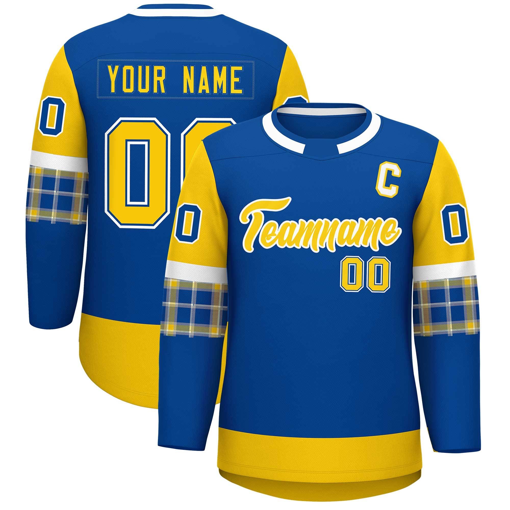 Custom Royal Gold Personalized Raglan Sleeves Round-Neck Hockey Jersey | KXKSHOP