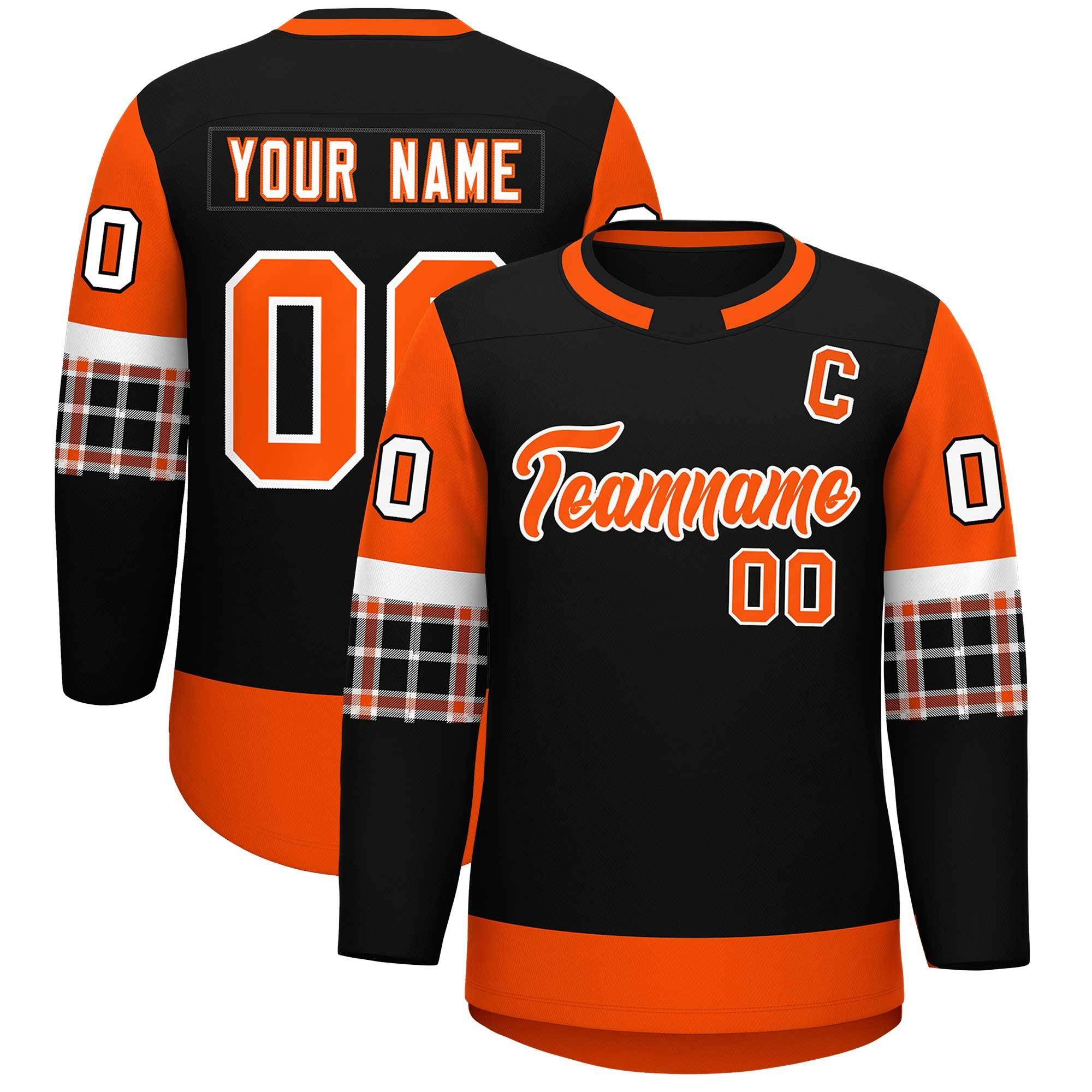 Custom Black Orange Personalized Raglan Sleeves Round-Neck Hockey Jersey | KXKSHOP