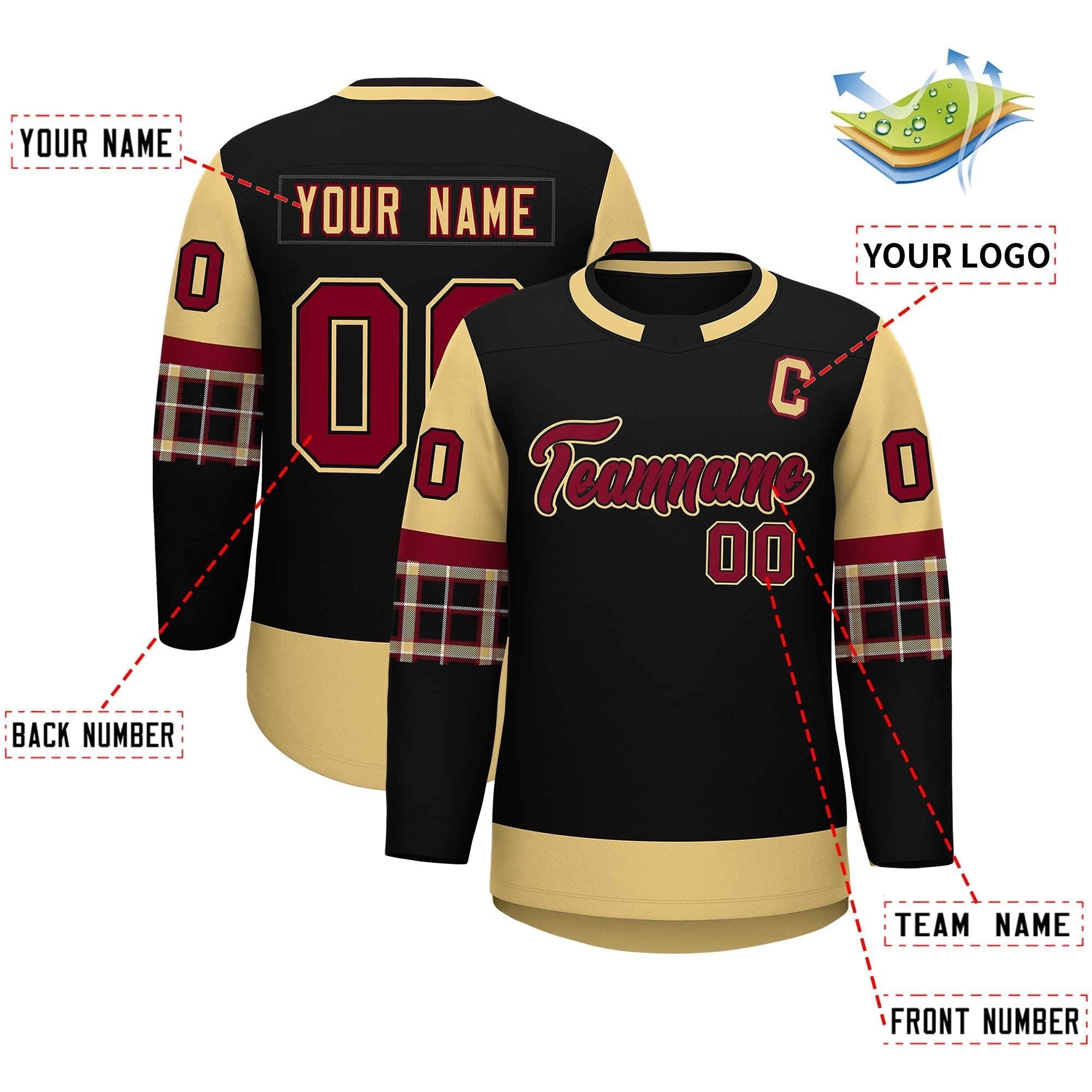 Custom Black Khaki Personalized Raglan Sleeves Round-Neck Hockey Jersey | KXKSHOP