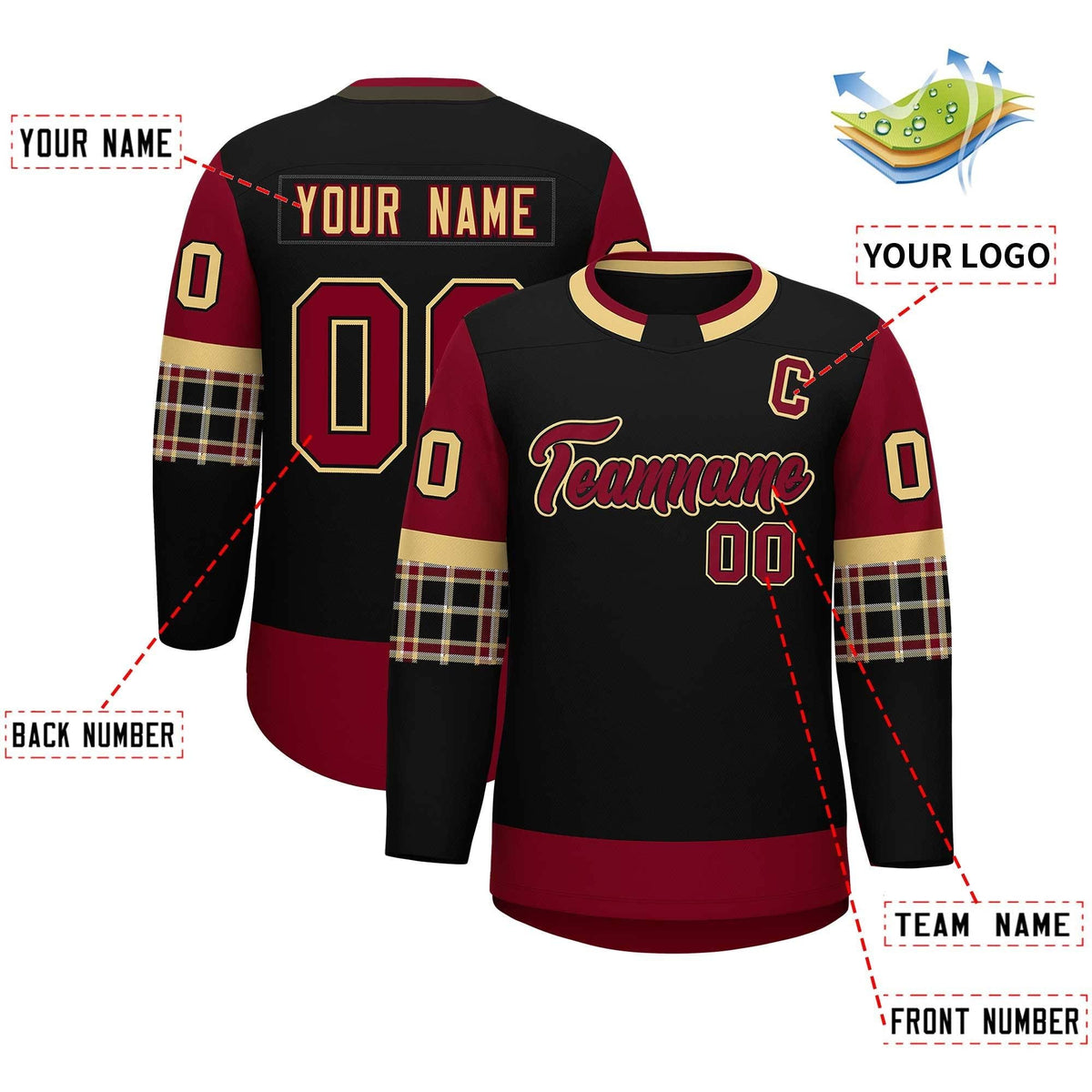 Custom Black Crimson Personalized Raglan Sleeves Round-Neck Hockey Jersey | KXKSHOP