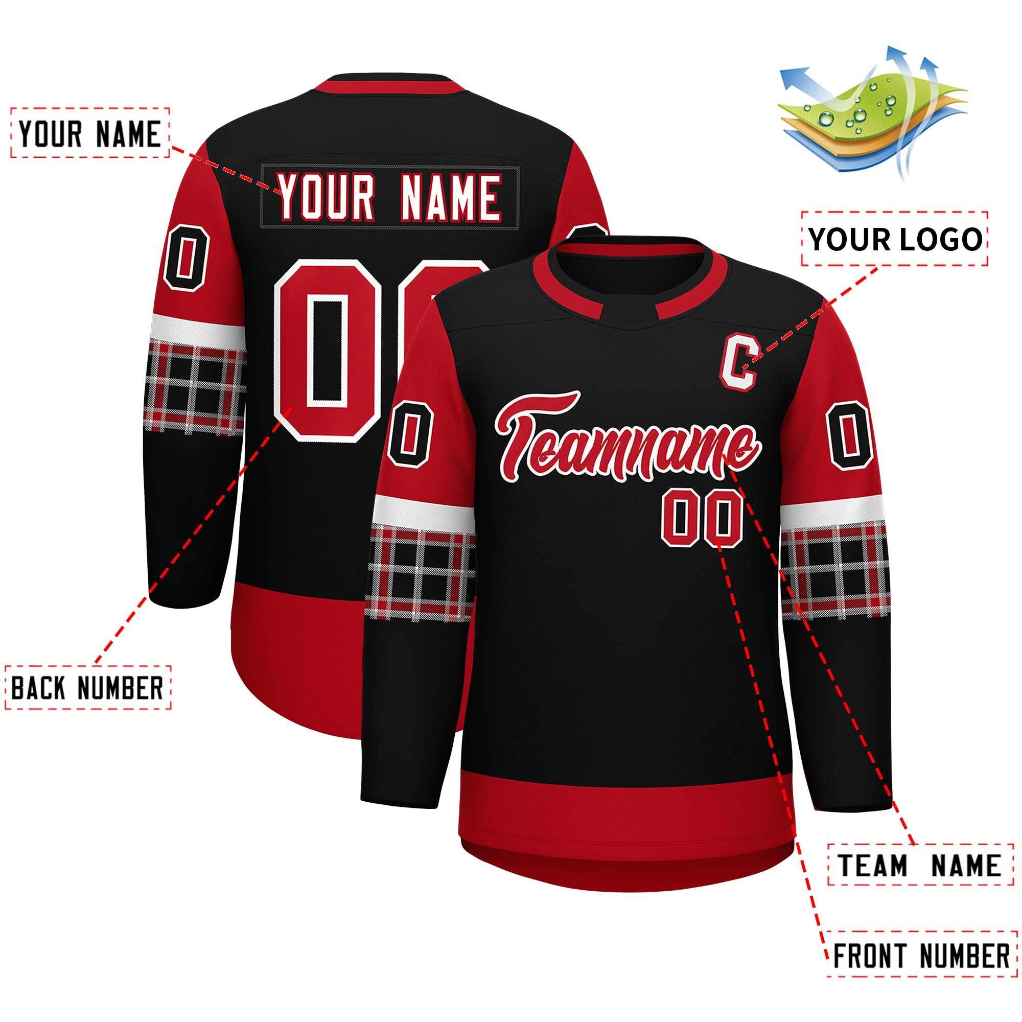Custom Black Red Personalized Raglan Sleeves Round-Neck Hockey Jersey | KXKSHOP
