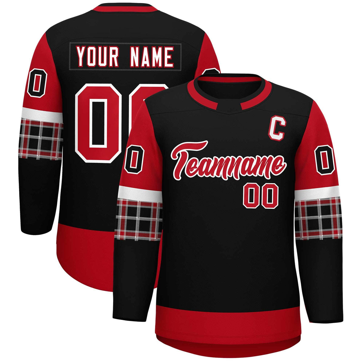 Custom Black Red Personalized Raglan Sleeves Round-Neck Hockey Jersey | KXKSHOP