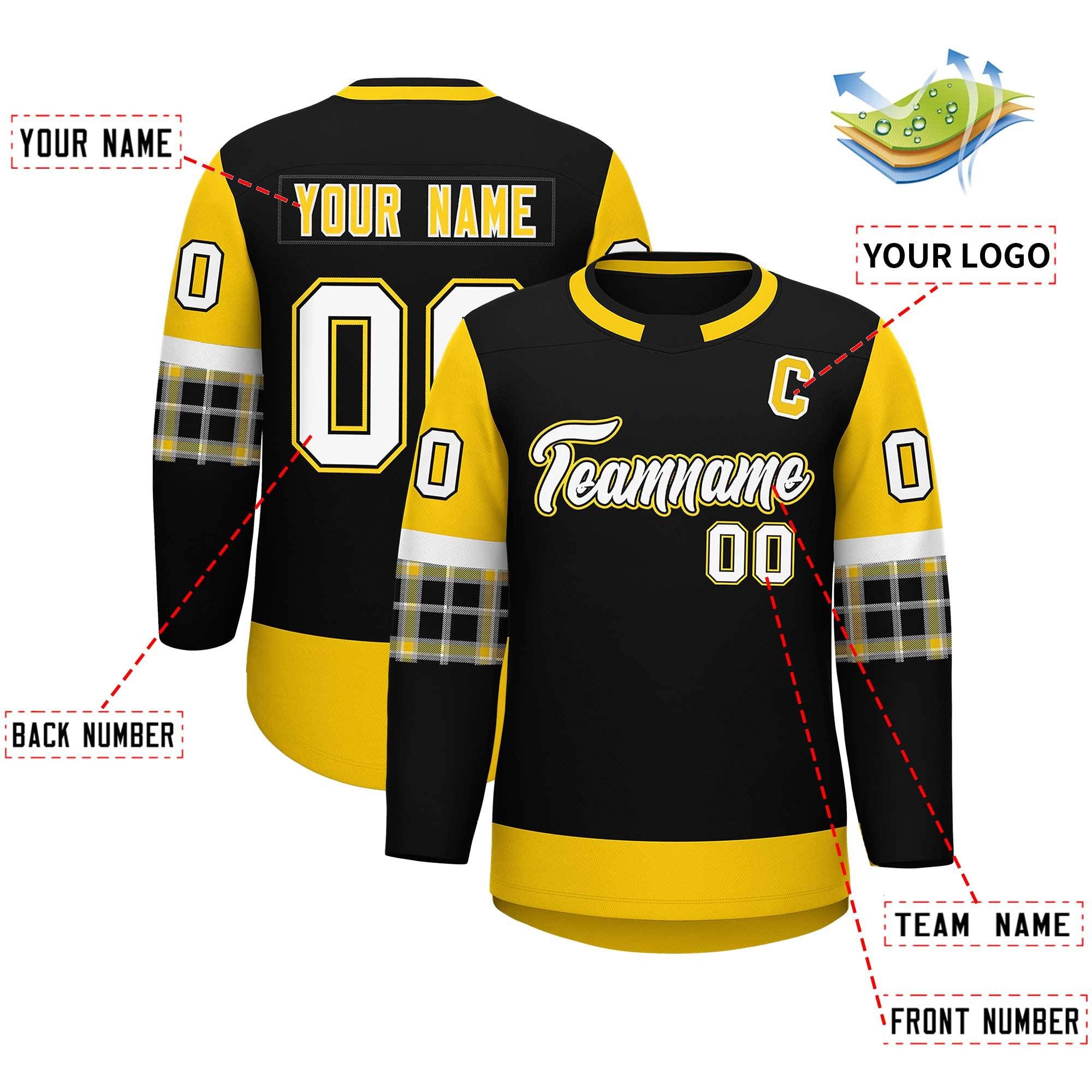 Custom Black Gold Personalized Raglan Sleeves Round-Neck Hockey Jersey | KXKSHOP
