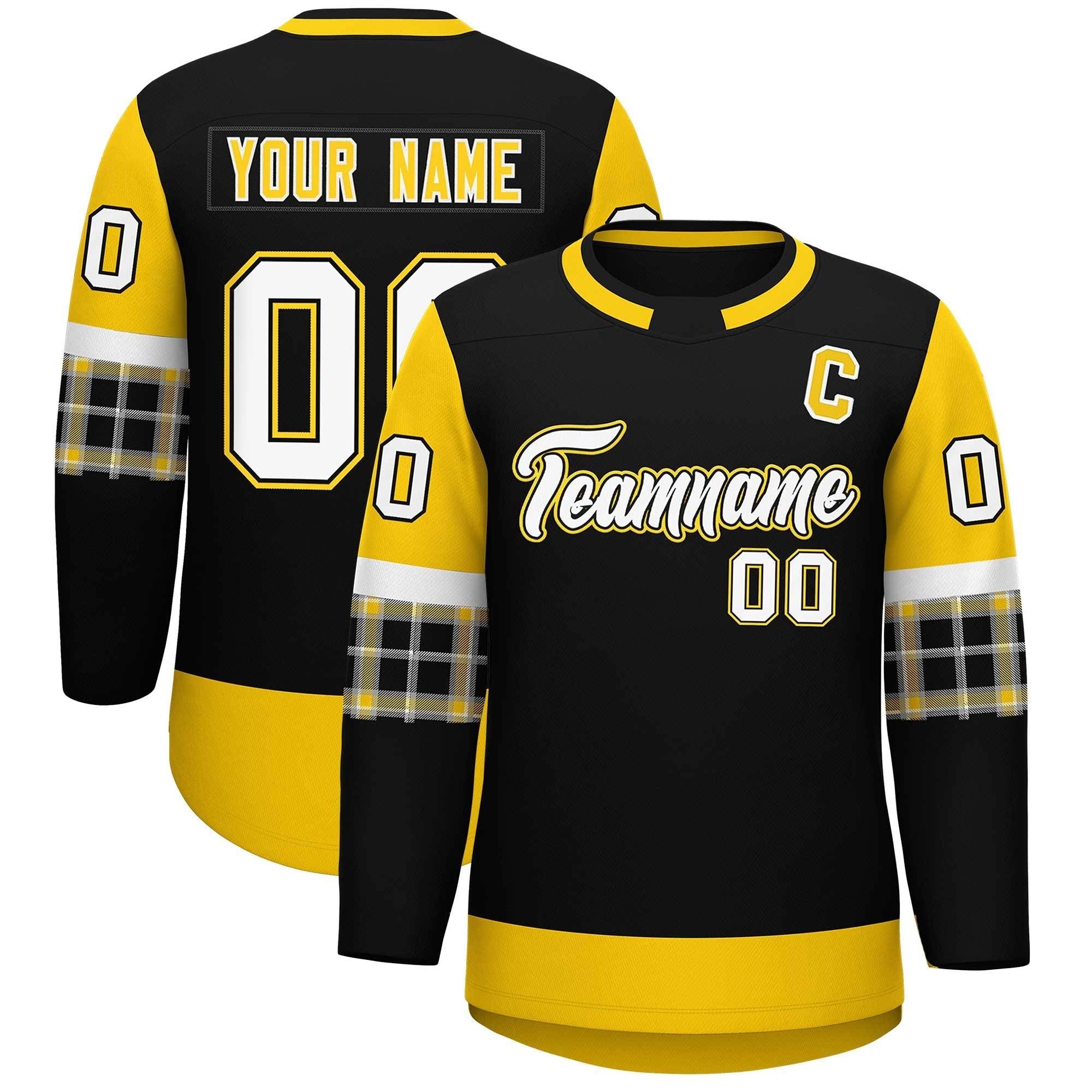 Custom Black Gold Personalized Raglan Sleeves Round-Neck Hockey Jersey | KXKSHOP