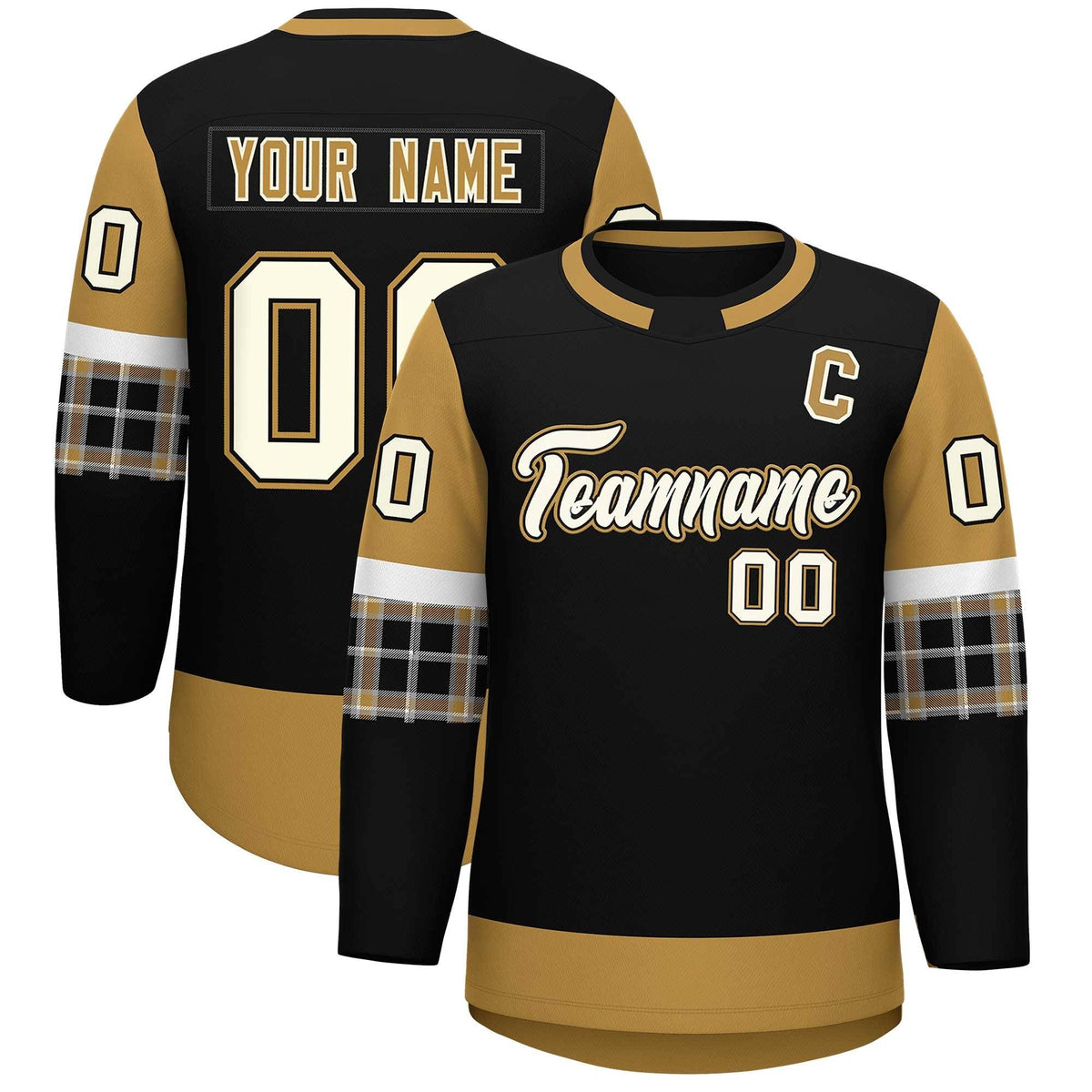 Custom Black Old Gold Personalized Raglan Sleeves Round-Neck Hockey Jersey | KXKSHOP