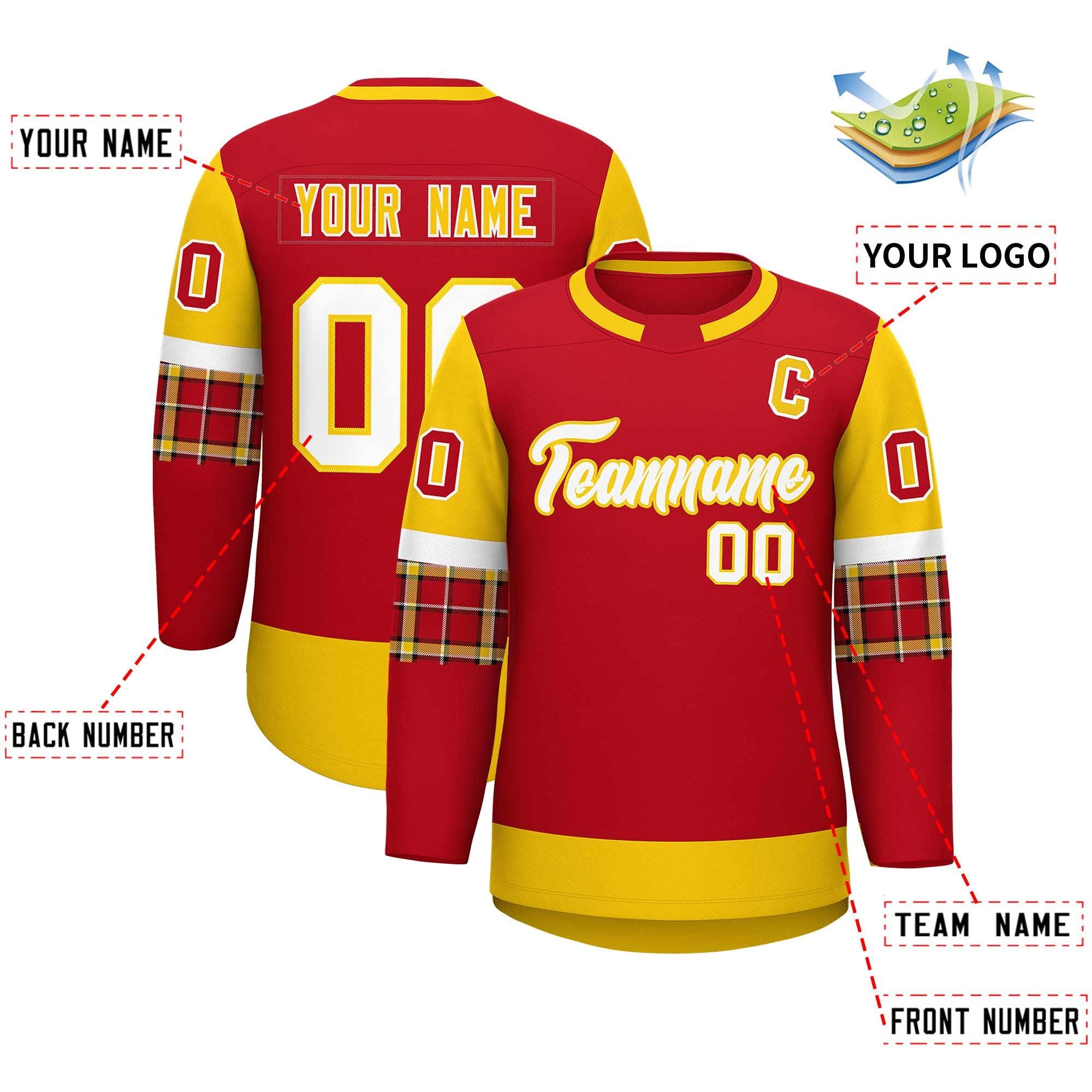 Custom Red Gold Personalized Raglan Sleeves Round-Neck Hockey Jersey | KXKSHOP