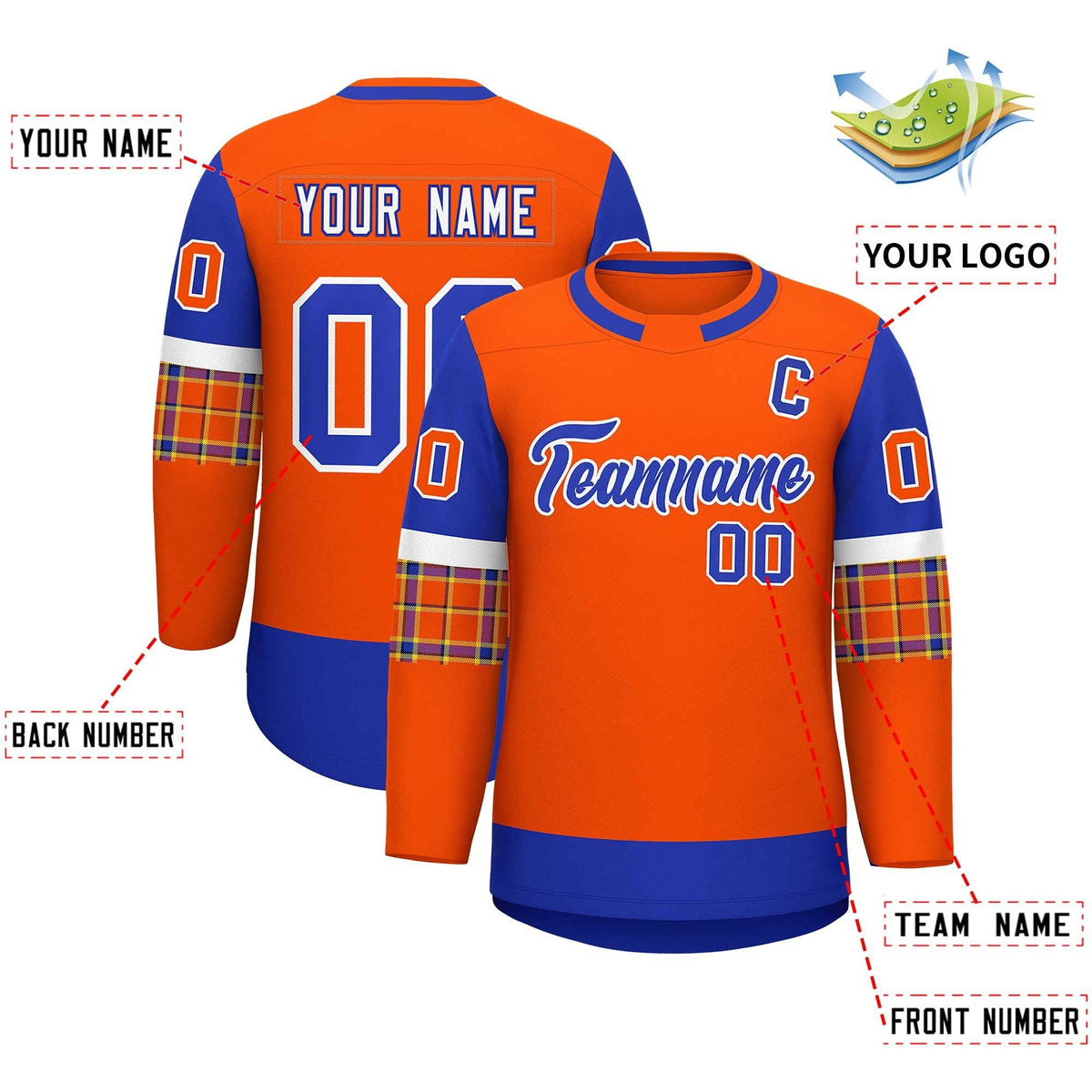 Custom Orange Royal Personalized Raglan Sleeves Round-Neck Hockey Jersey | KXKSHOP