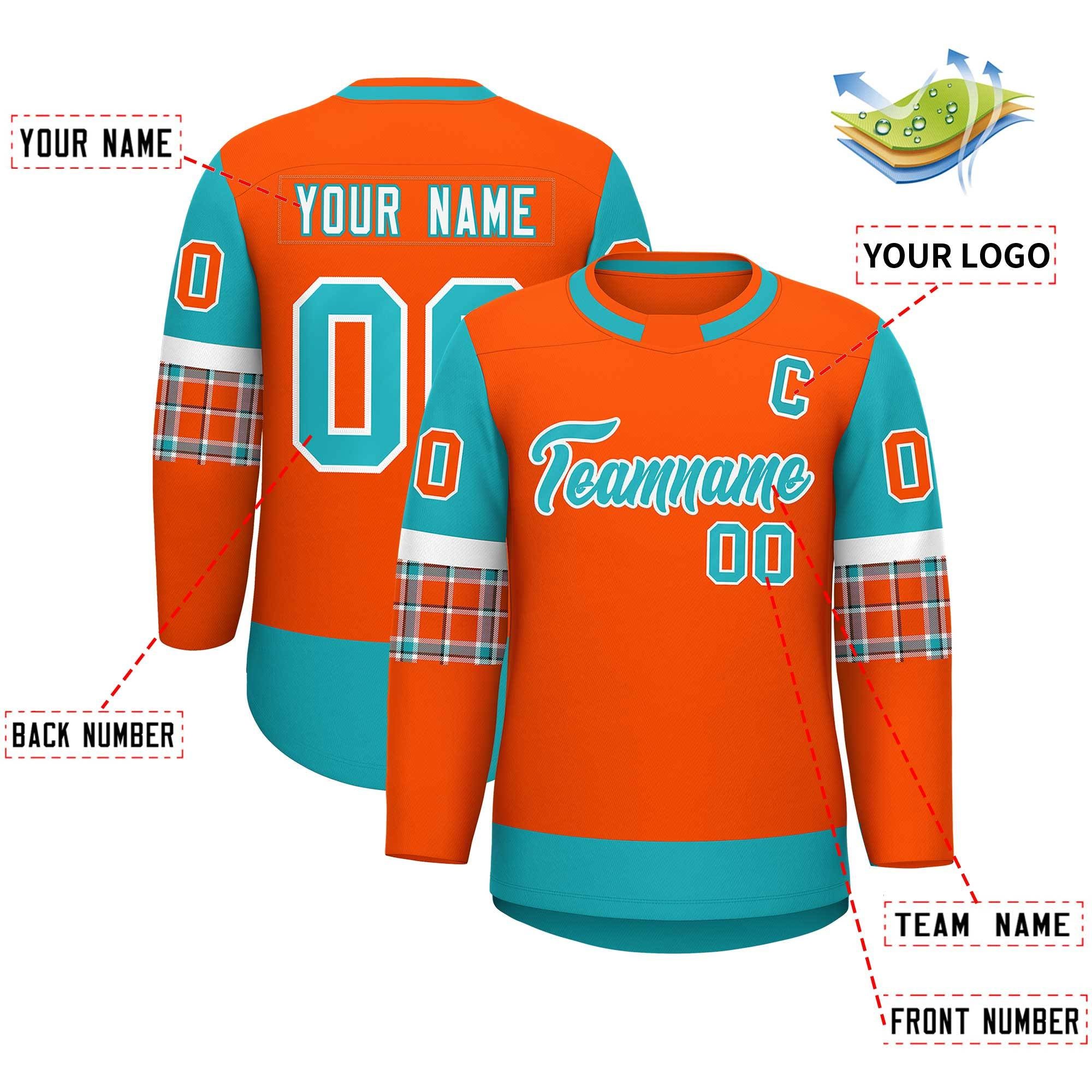 Custom Orange Aqua Personalized Raglan Sleeves Round-Neck Hockey Jersey | KXKSHOP