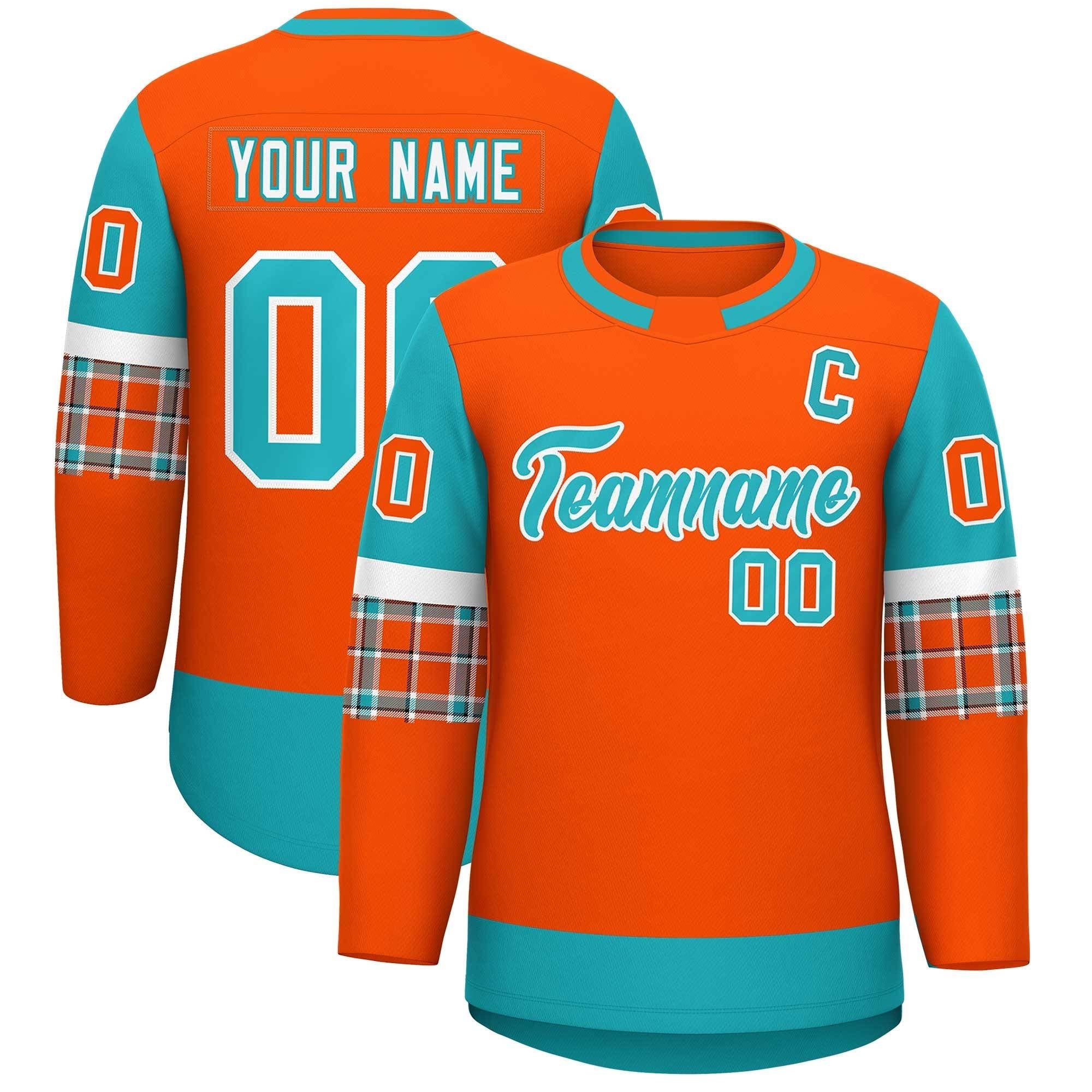 Custom Orange Aqua Personalized Raglan Sleeves Round-Neck Hockey Jersey | KXKSHOP
