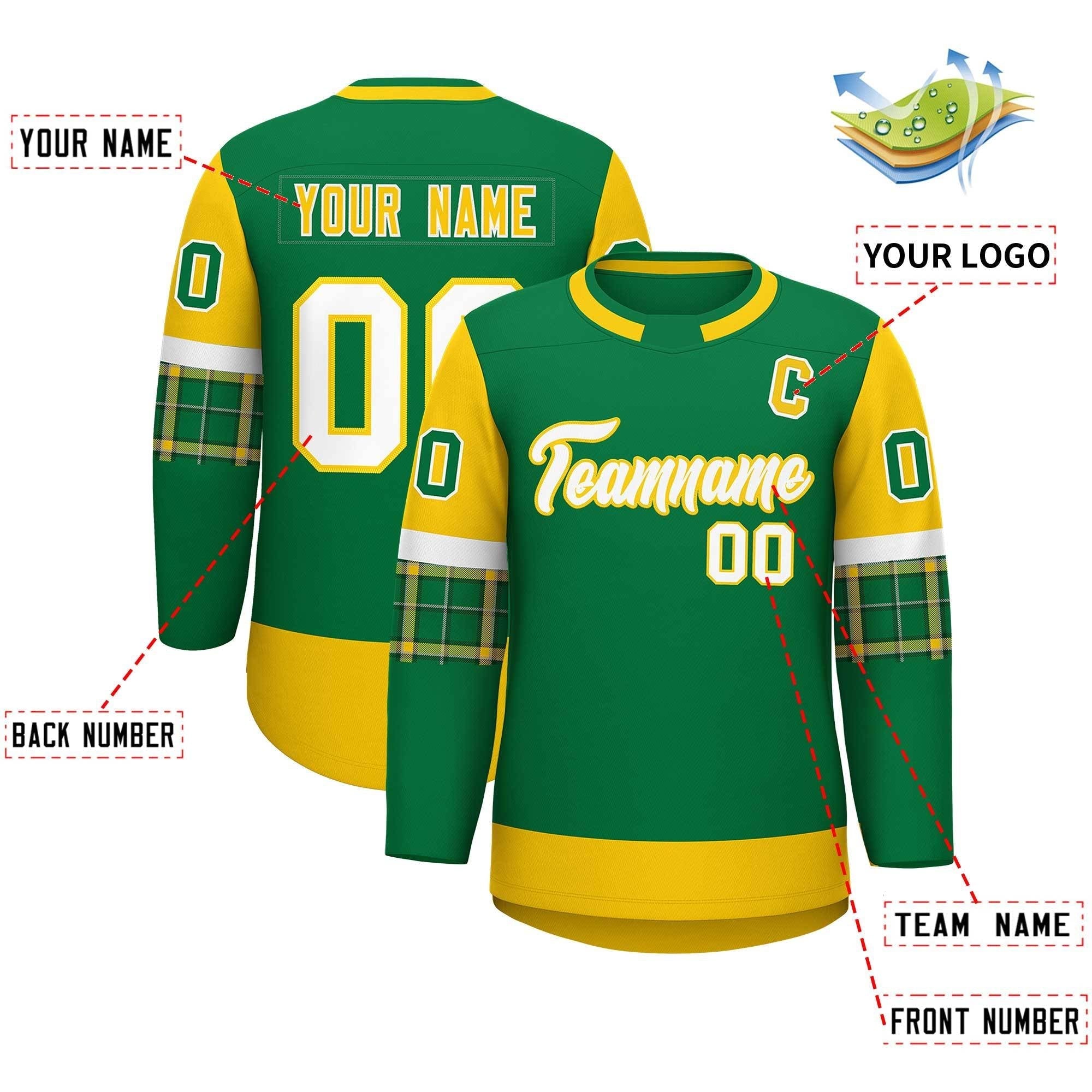 Custom Kelly Green Gold Personalized Raglan Sleeves Round-Neck Hockey Jersey | KXKSHOP