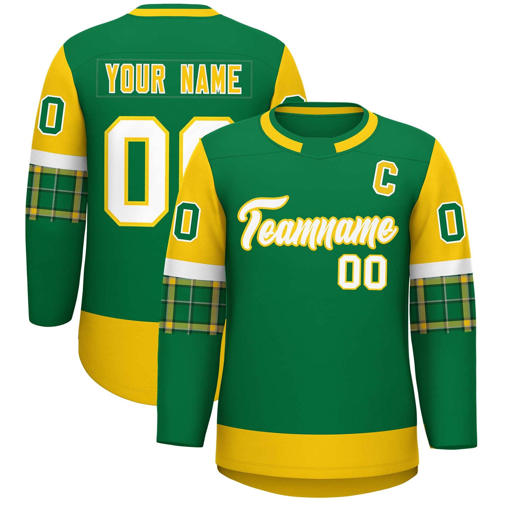 Custom Kelly Green Gold Personalized Raglan Sleeves Round-Neck Hockey Jersey | KXKSHOP