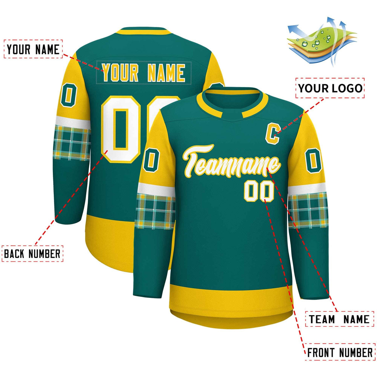 Custom Aqua Gold Personalized Raglan Sleeves Round-Neck Hockey Jersey | KXKSHOP