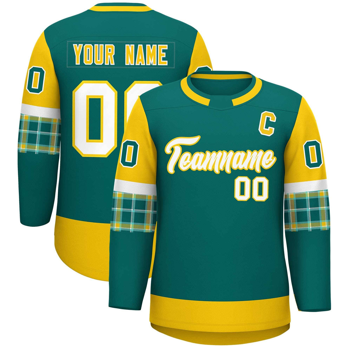 Custom Aqua Gold Personalized Raglan Sleeves Round-Neck Hockey Jersey | KXKSHOP