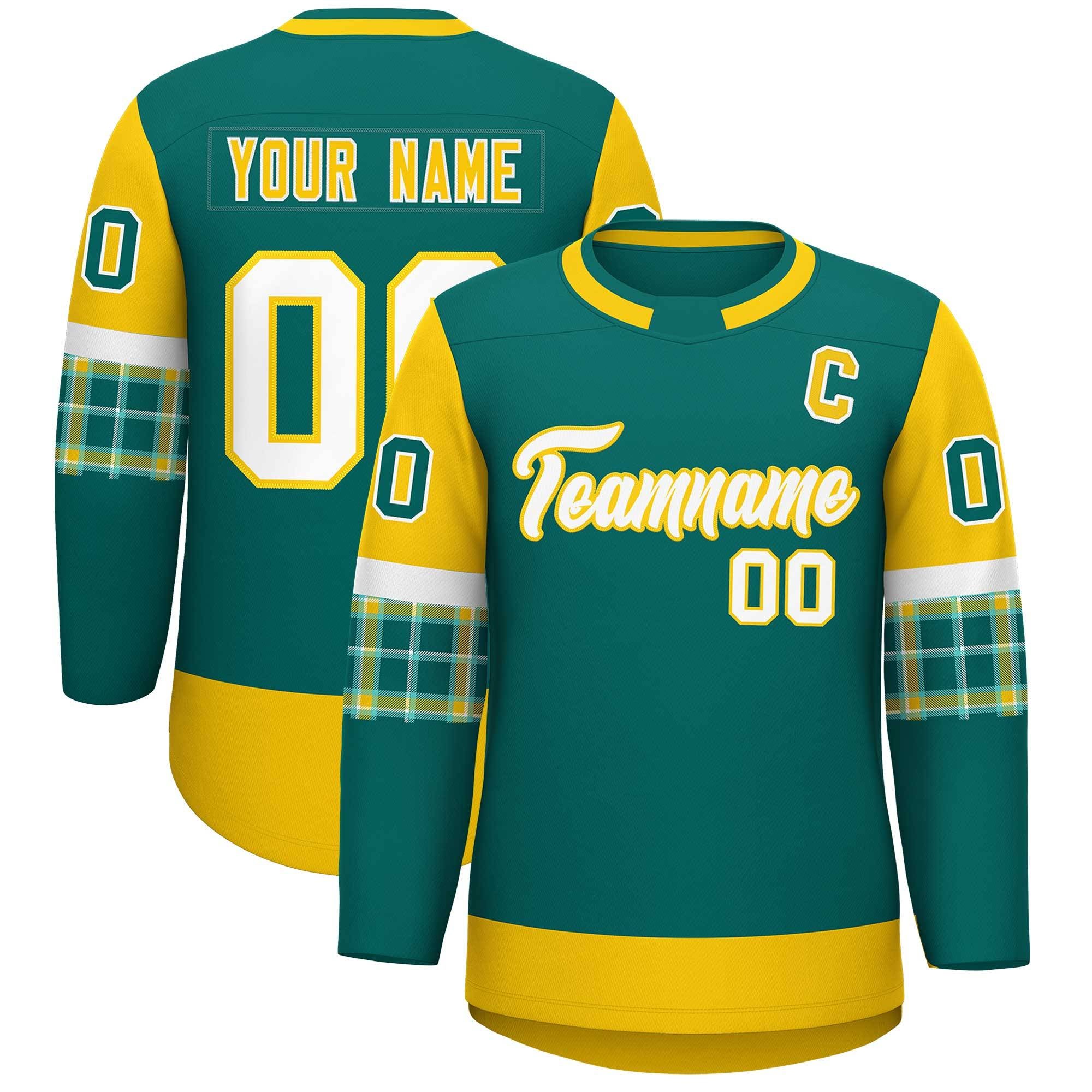 Custom Aqua Gold Personalized Raglan Sleeves Round-Neck Hockey Jersey | KXKSHOP