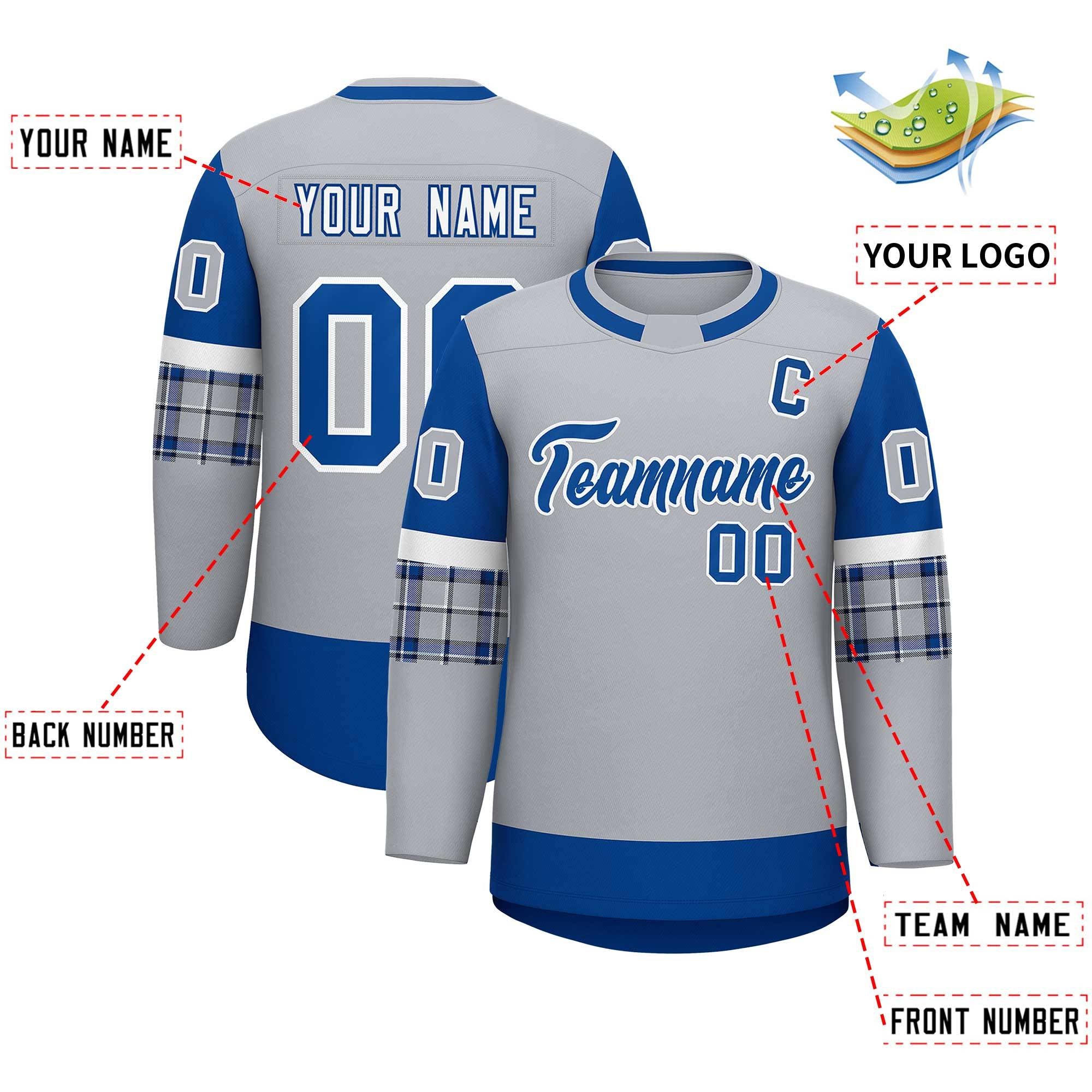 Custom Gray Royal Personalized Raglan Sleeves Round-Neck Hockey Jersey | KXKSHOP