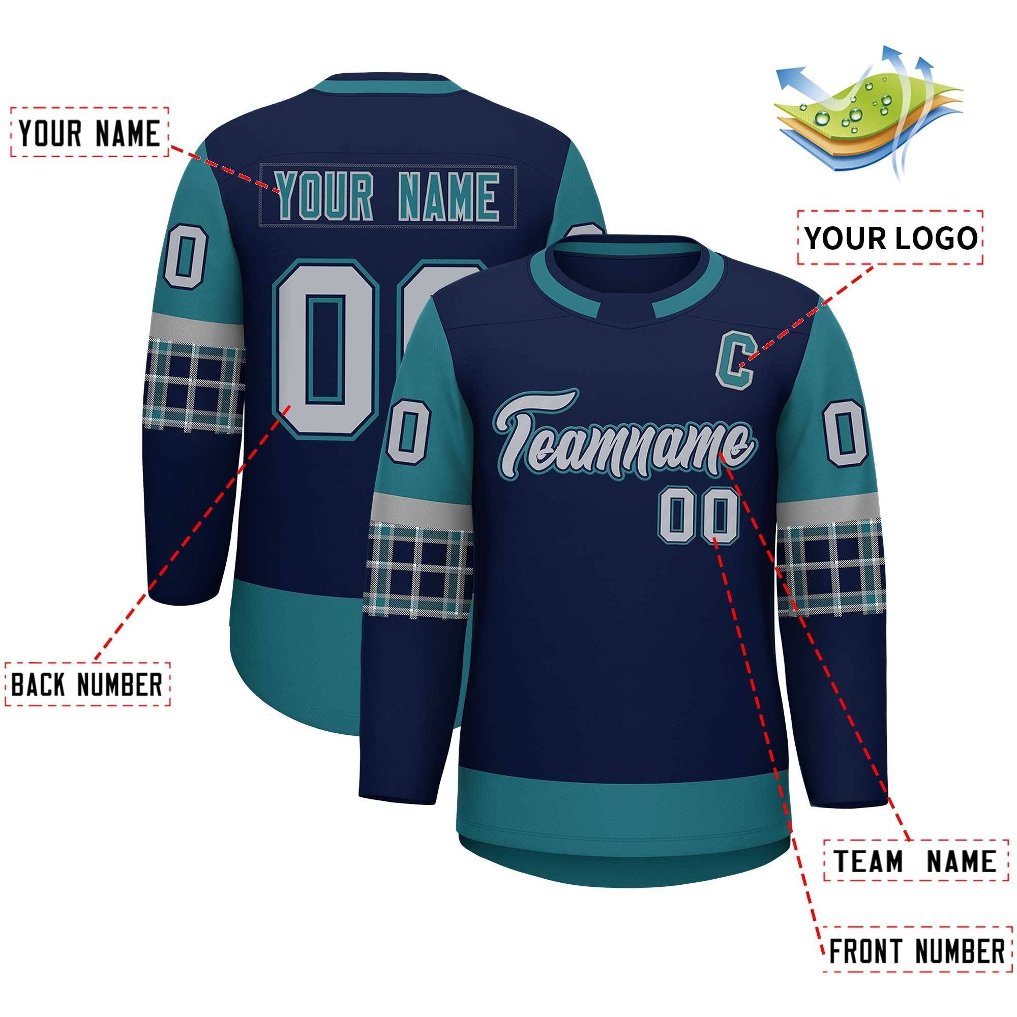 Custom Navy Aqua Personalized Raglan Sleeves Round-Neck Hockey Jersey | KXKSHOP