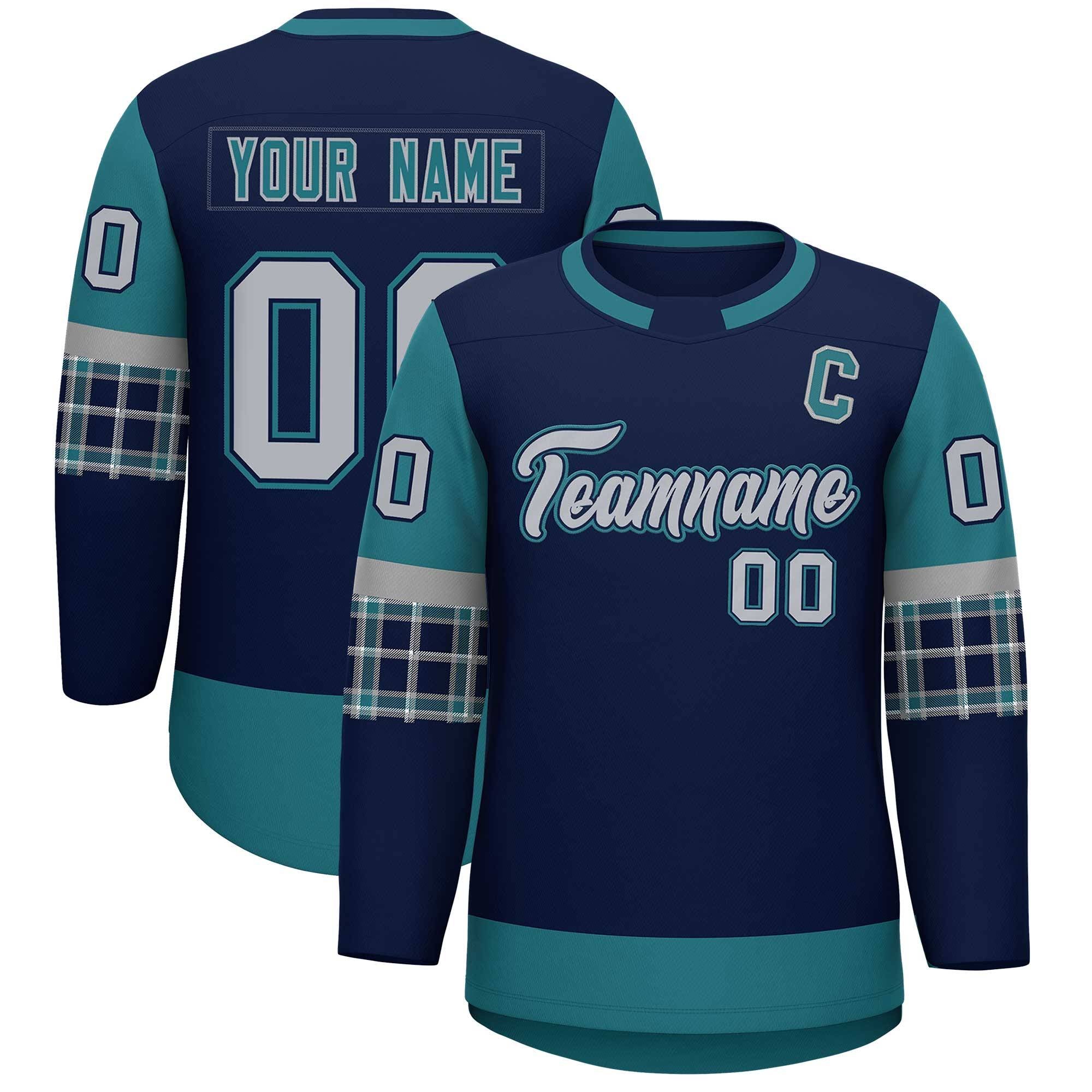 Custom Navy Aqua Personalized Raglan Sleeves Round-Neck Hockey Jersey | KXKSHOP