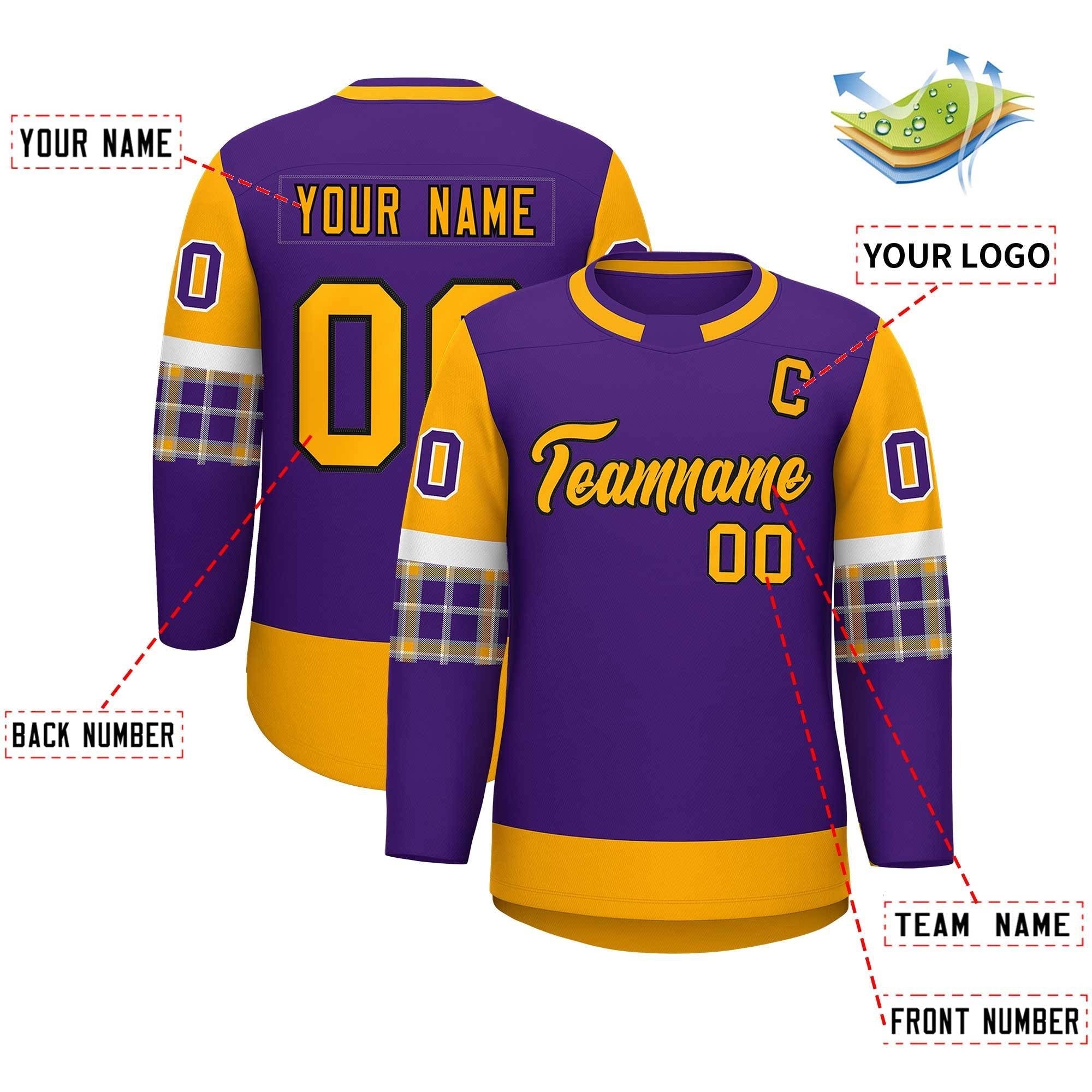 Custom Purple Yellow Personalized Raglan Sleeves Round-Neck Hockey Jersey | KXKSHOP