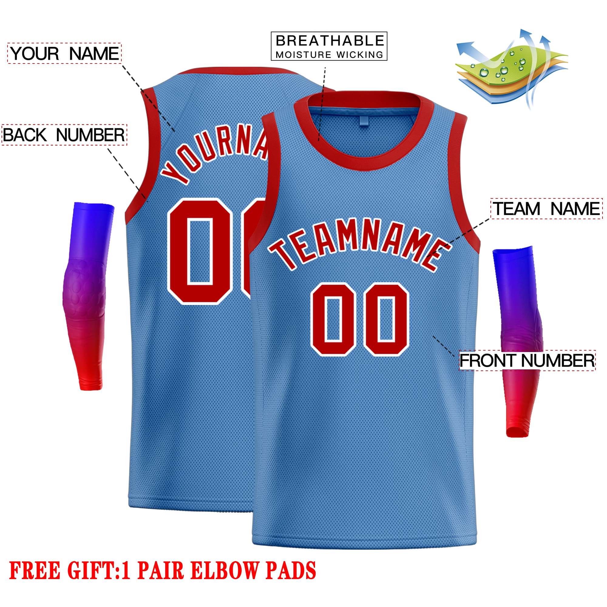 Custom Light Blue Red-White Classic Tops Casual Basketball Jersey