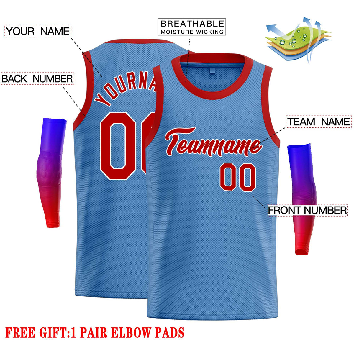 Custom Light Blue Red-White Classic Tops Casual Basketball Jersey