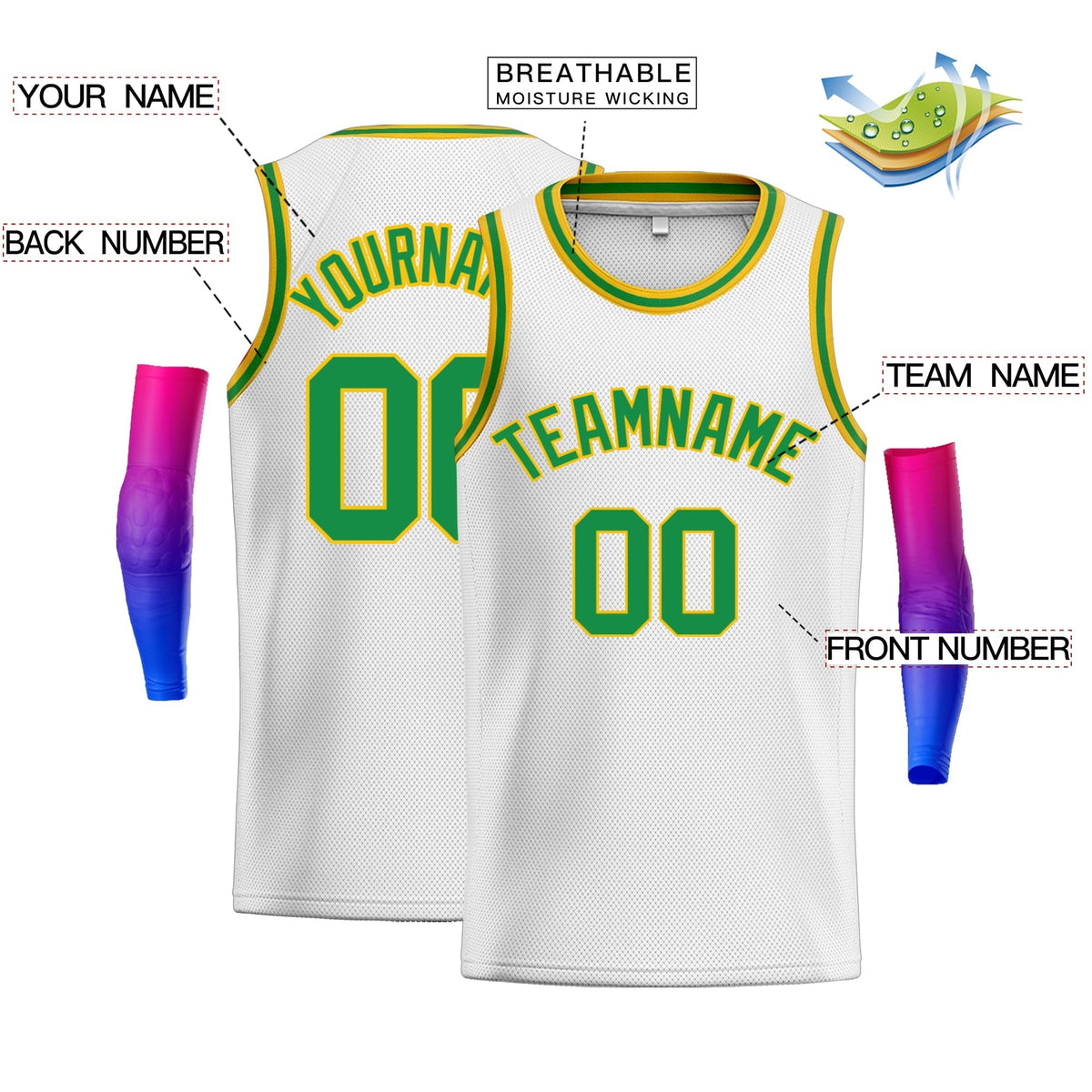Custom White Green-Yellow Classic Tops Men Casual Basketball Jersey