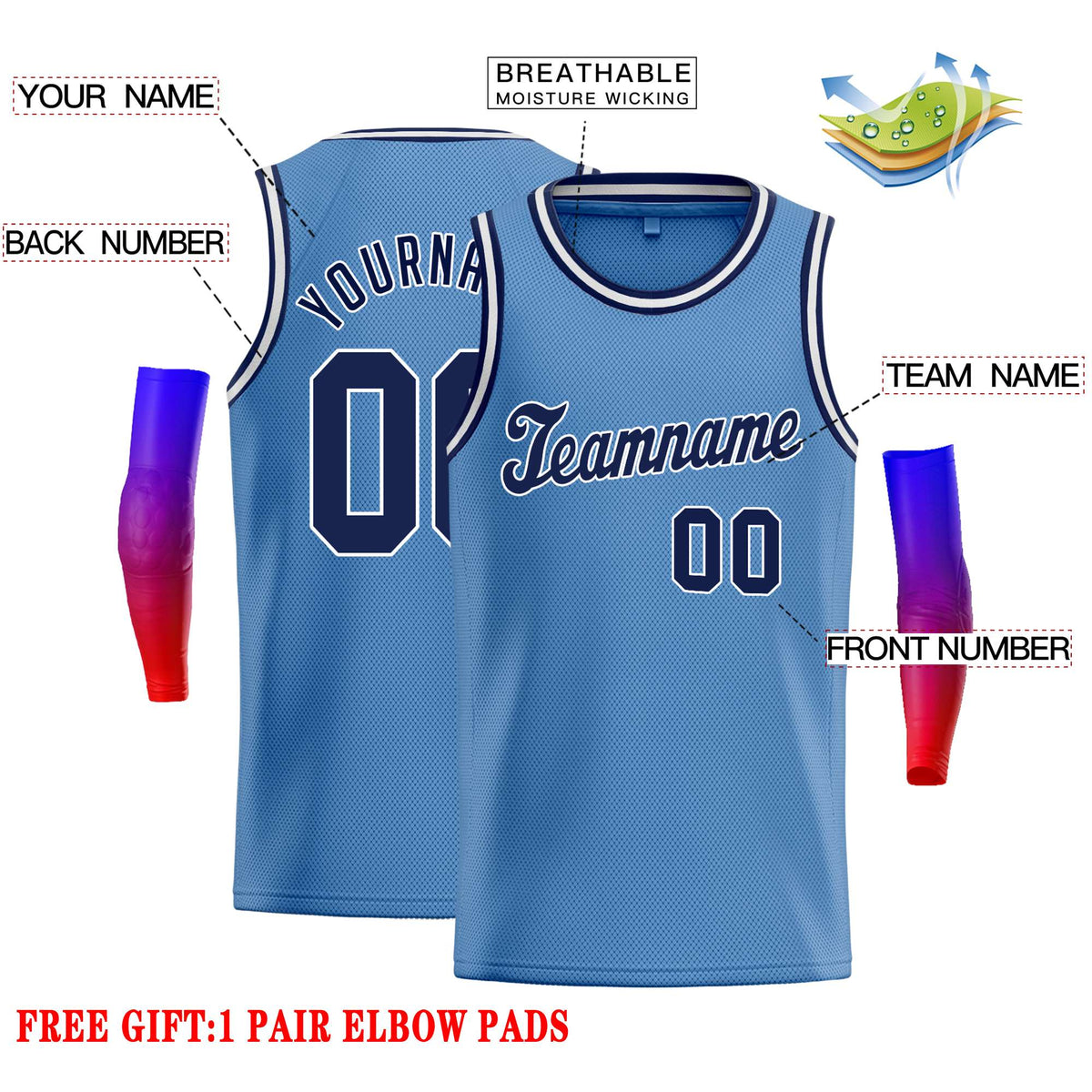 Custom Light Blue Navy-White Classic Tops Casual Basketball Jersey