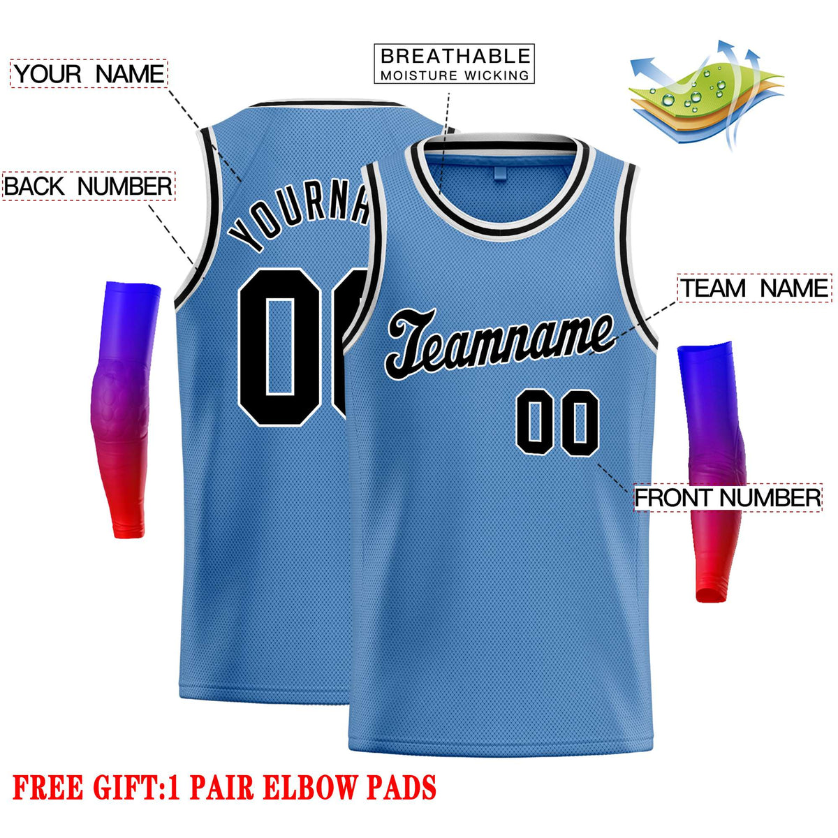Custom Light Blue Black-White Classic Tops Casual Basketball Jersey