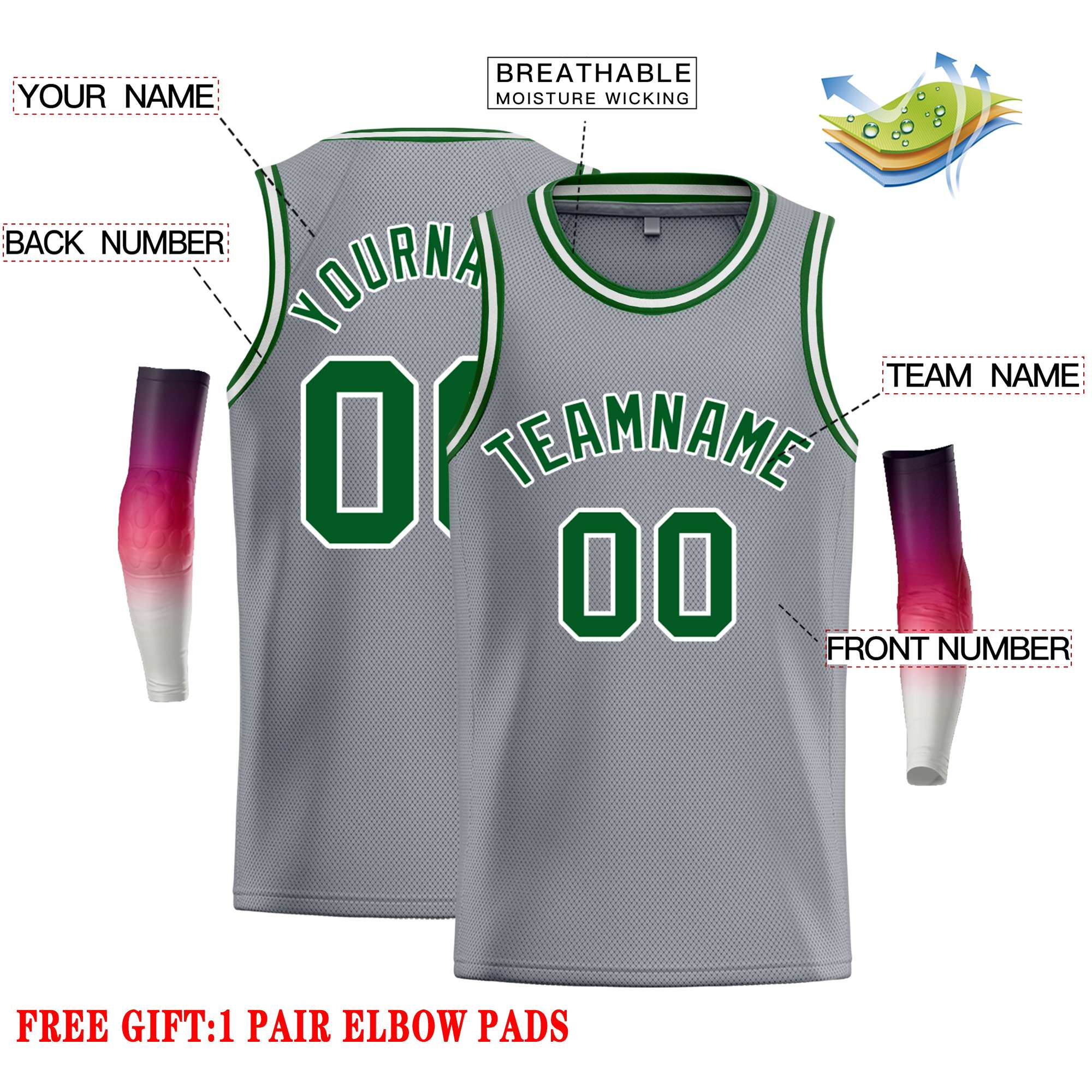 Maillot de basket-ball classique personnalisé gris foncé, vert et blanc