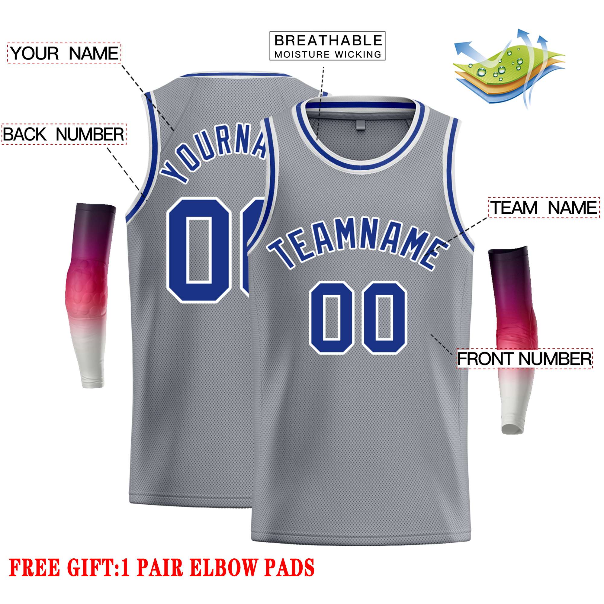 Maillot de basket-ball décontracté gris foncé, bleu royal et blanc, classique et personnalisé