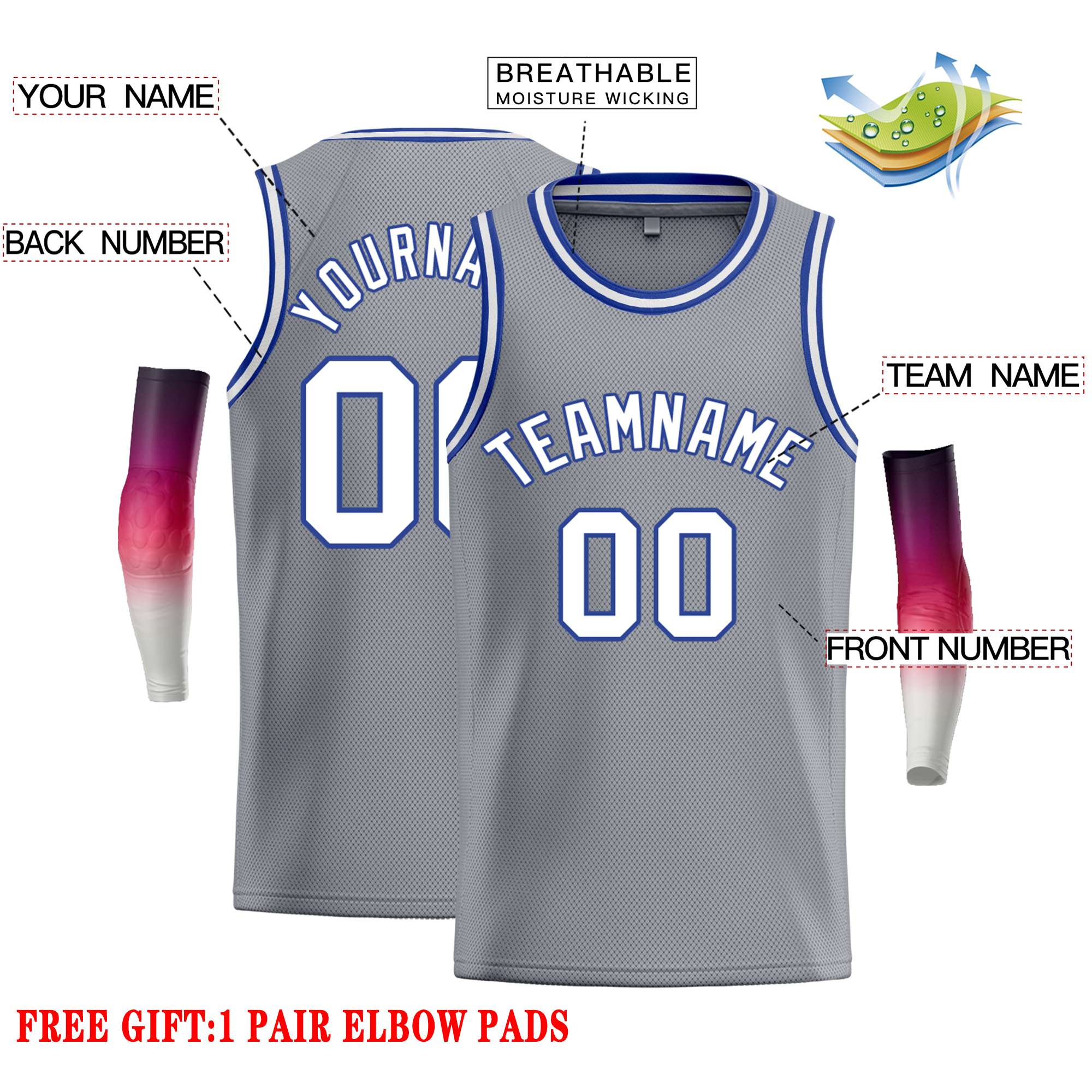 Maillot de basket-ball décontracté gris foncé, blanc et bleu roi, classique et personnalisé