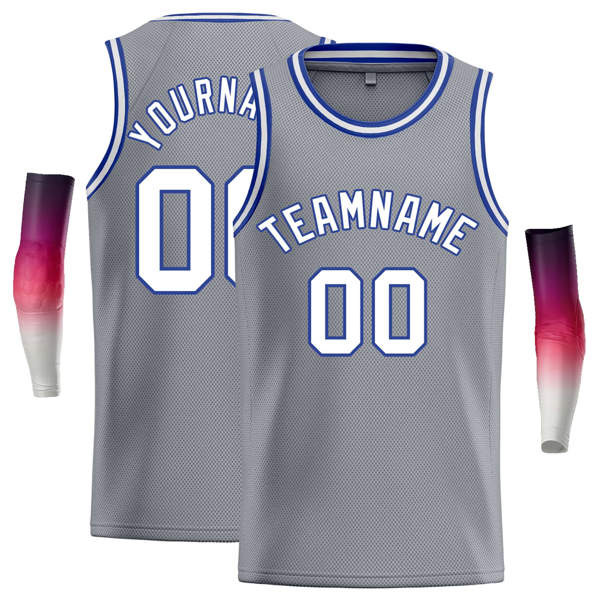 Maillot de basket-ball décontracté gris foncé, blanc et bleu roi, classique et personnalisé