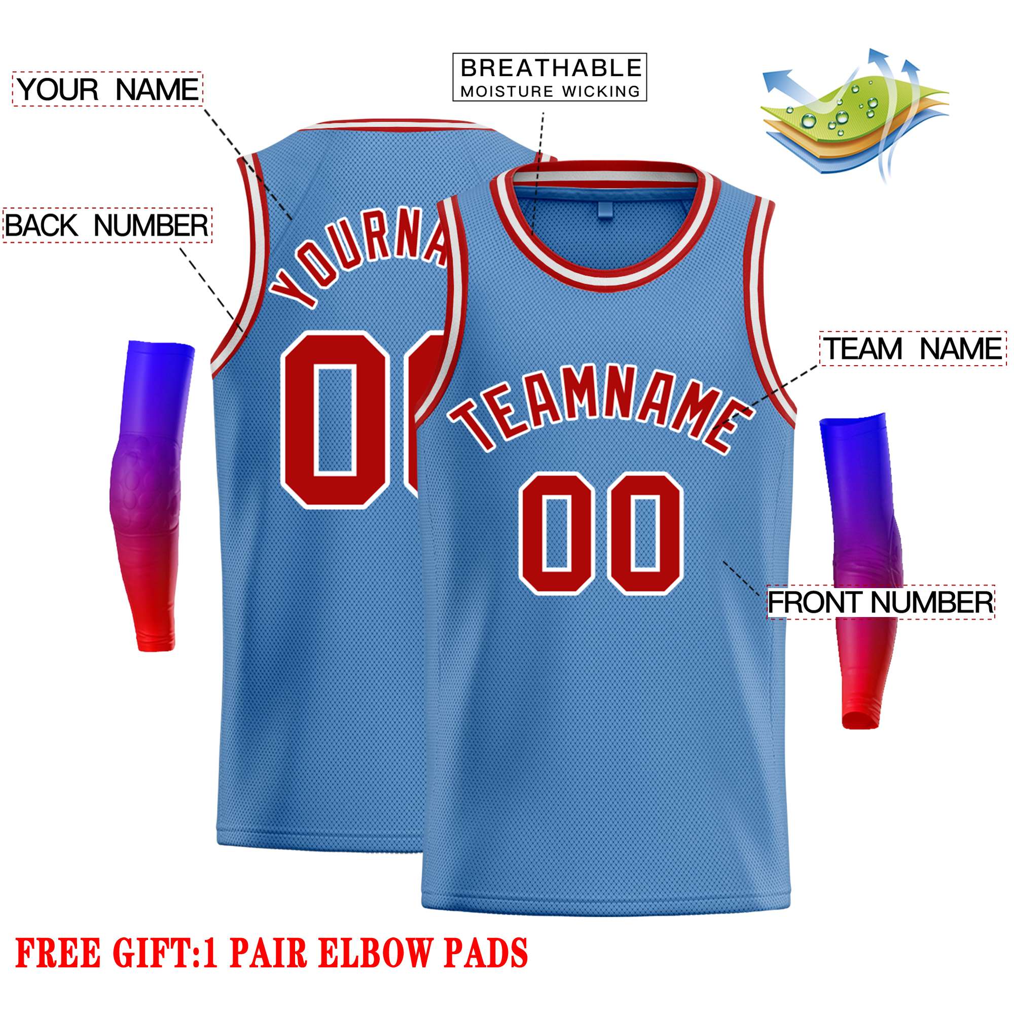 Maillot de basket-ball classique bleu clair, rouge et blanc, décontracté et personnalisé