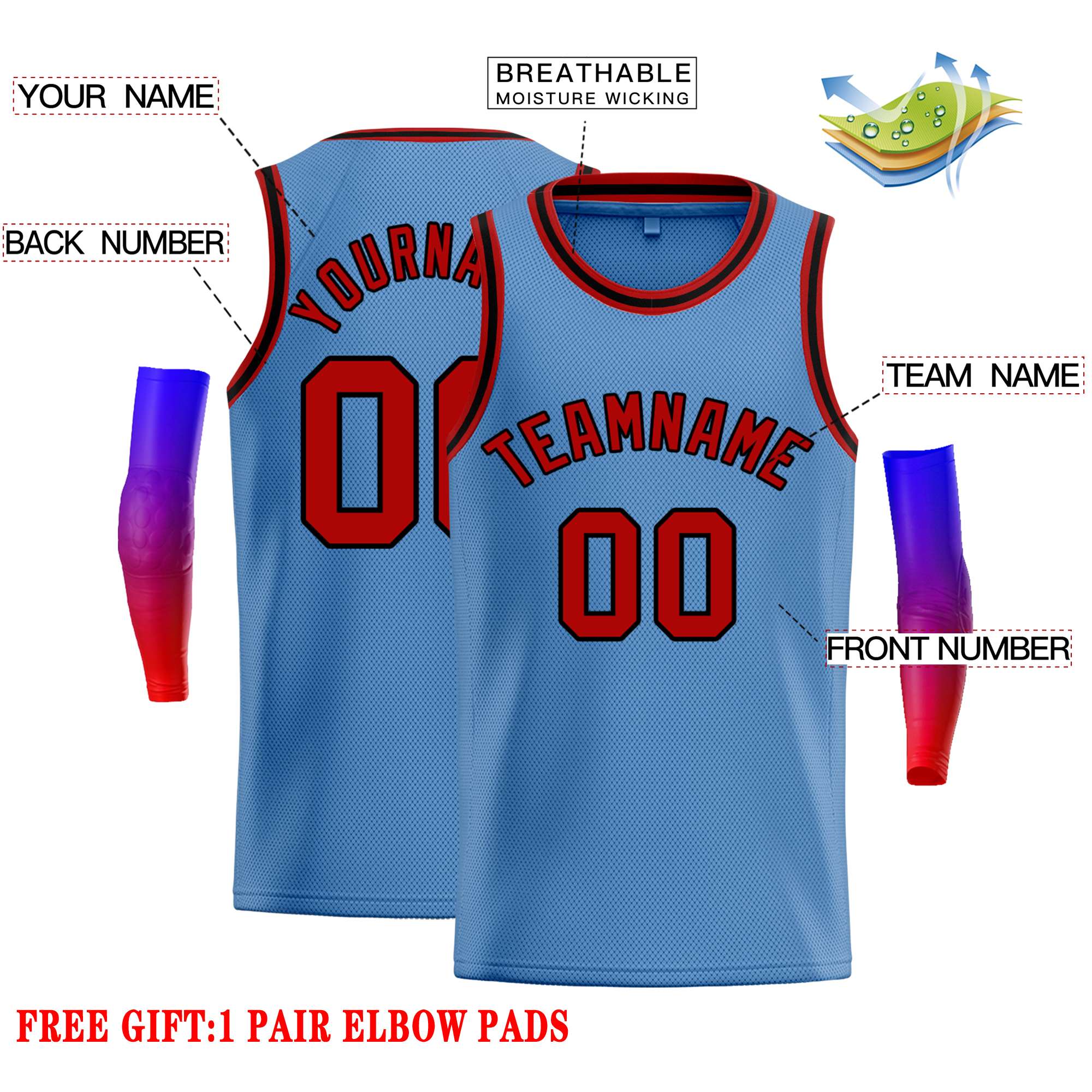 Maillot de basket-ball classique bleu clair, rouge et noir, personnalisé, décontracté