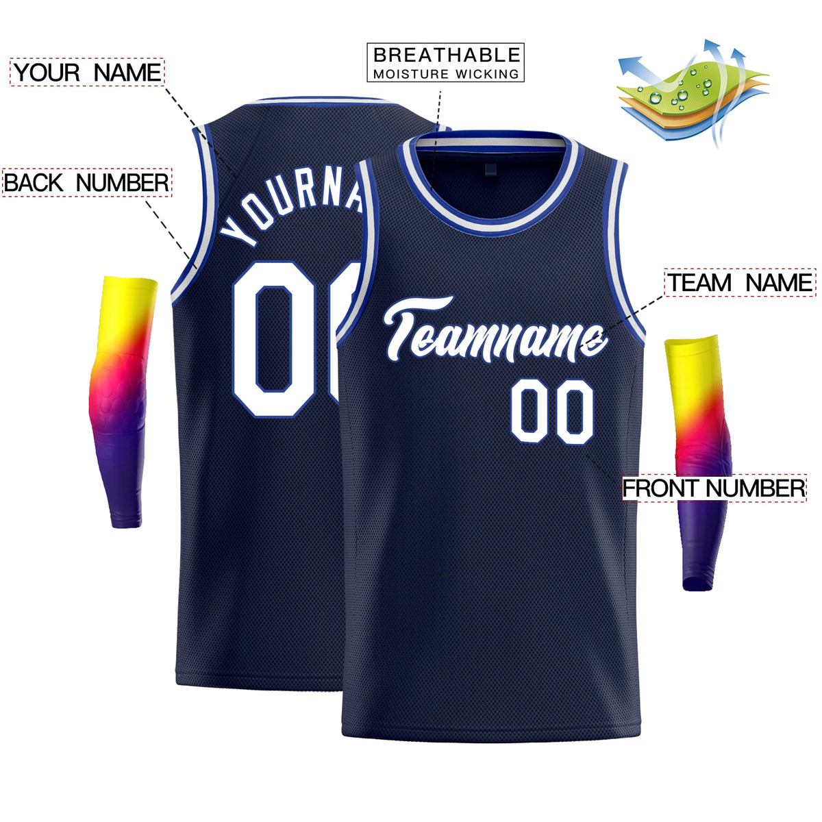 Custom Navy White-Royal Classic Tops Breathable Basketball Jersey