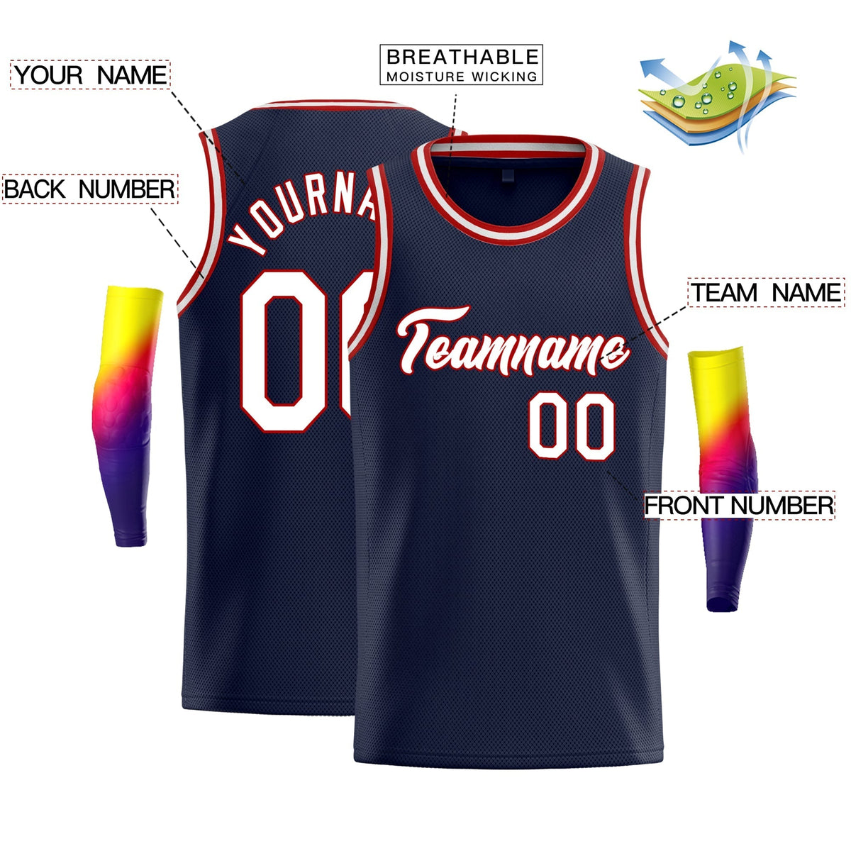 Custom Navy Red-White Classic Tops Athletic Vest Basketball Jersey