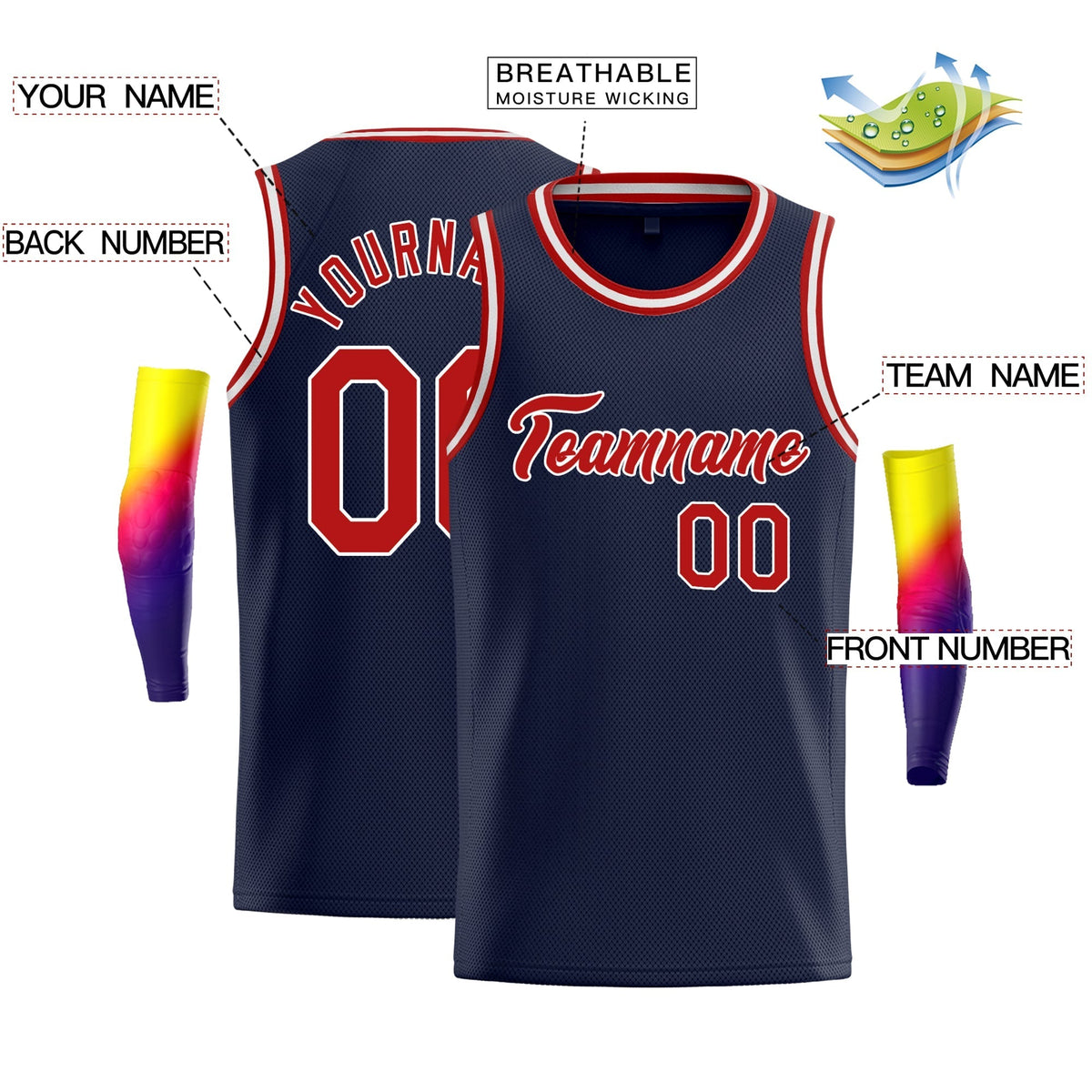 Custom Navy Red-White Classic Tops Sport Vest Basketball Jersey