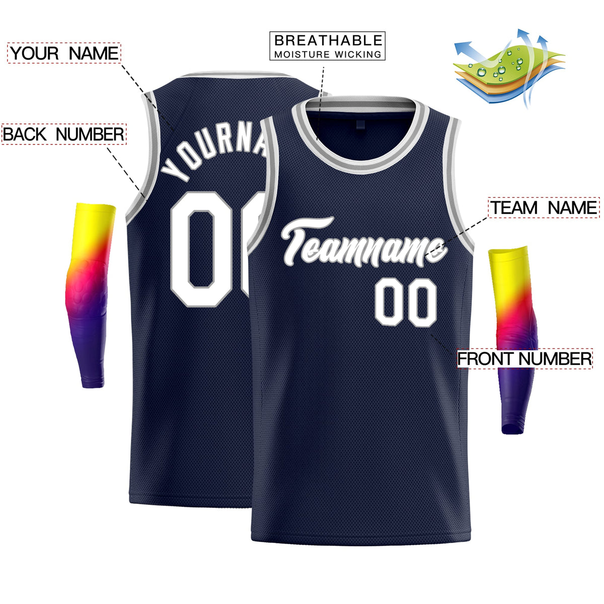Custom Navy White-Grey Classic Tops Vest Basketball Jersey