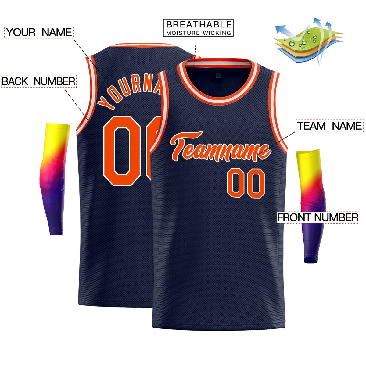 Custom Navy Orange-White Classic Tops Breathable Basketball Jersey