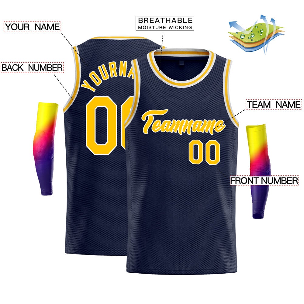 Custom Navy Yellow-White Classic Tops Fashion Basketball Jersey