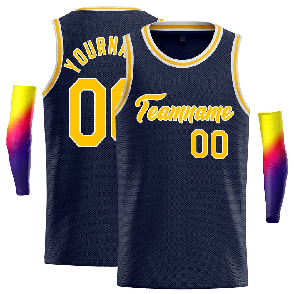 Custom Navy Yellow-White Classic Tops Fashion Basketball Jersey