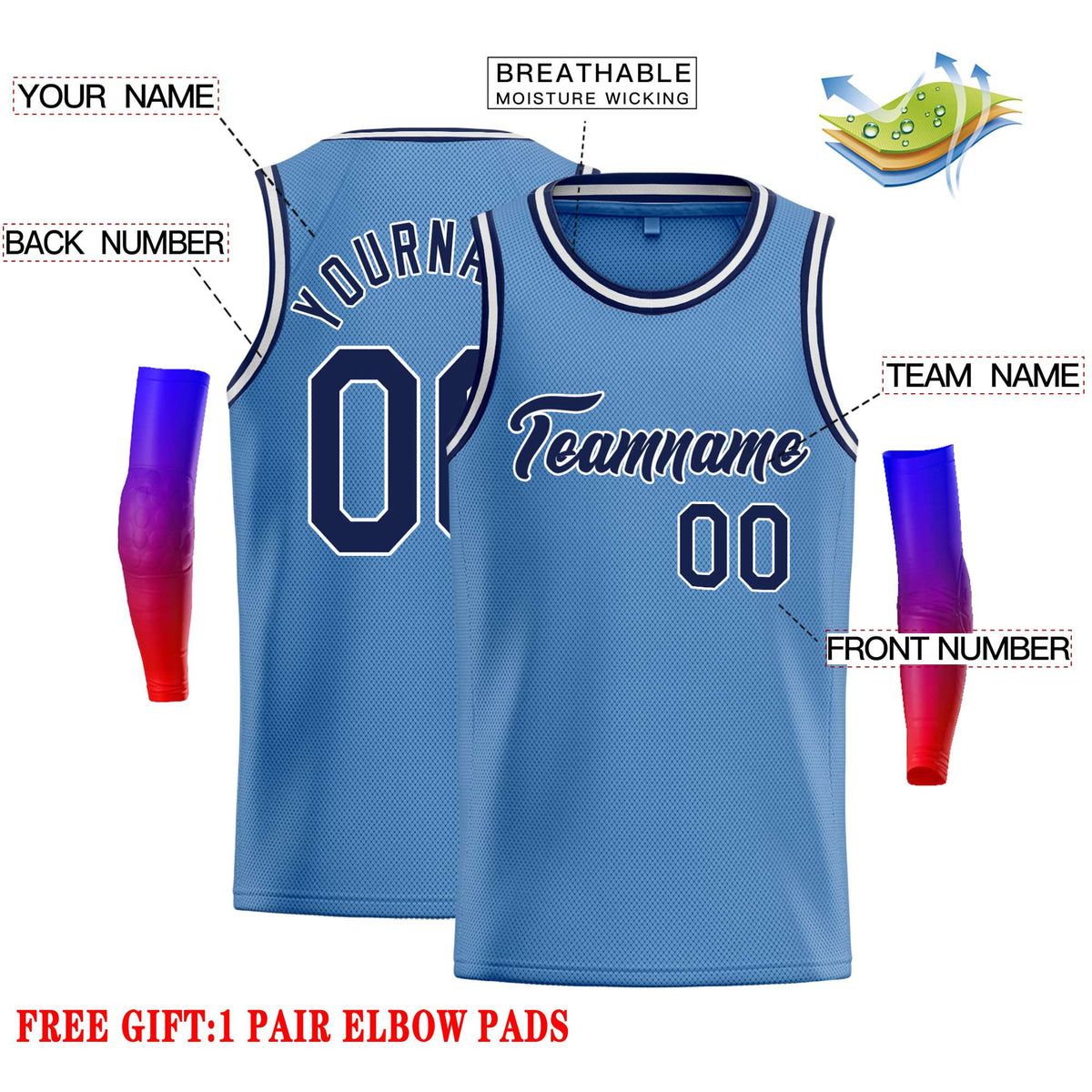 Custom Light Blue Navy-White Classic Tops Casual Basketball Jersey
